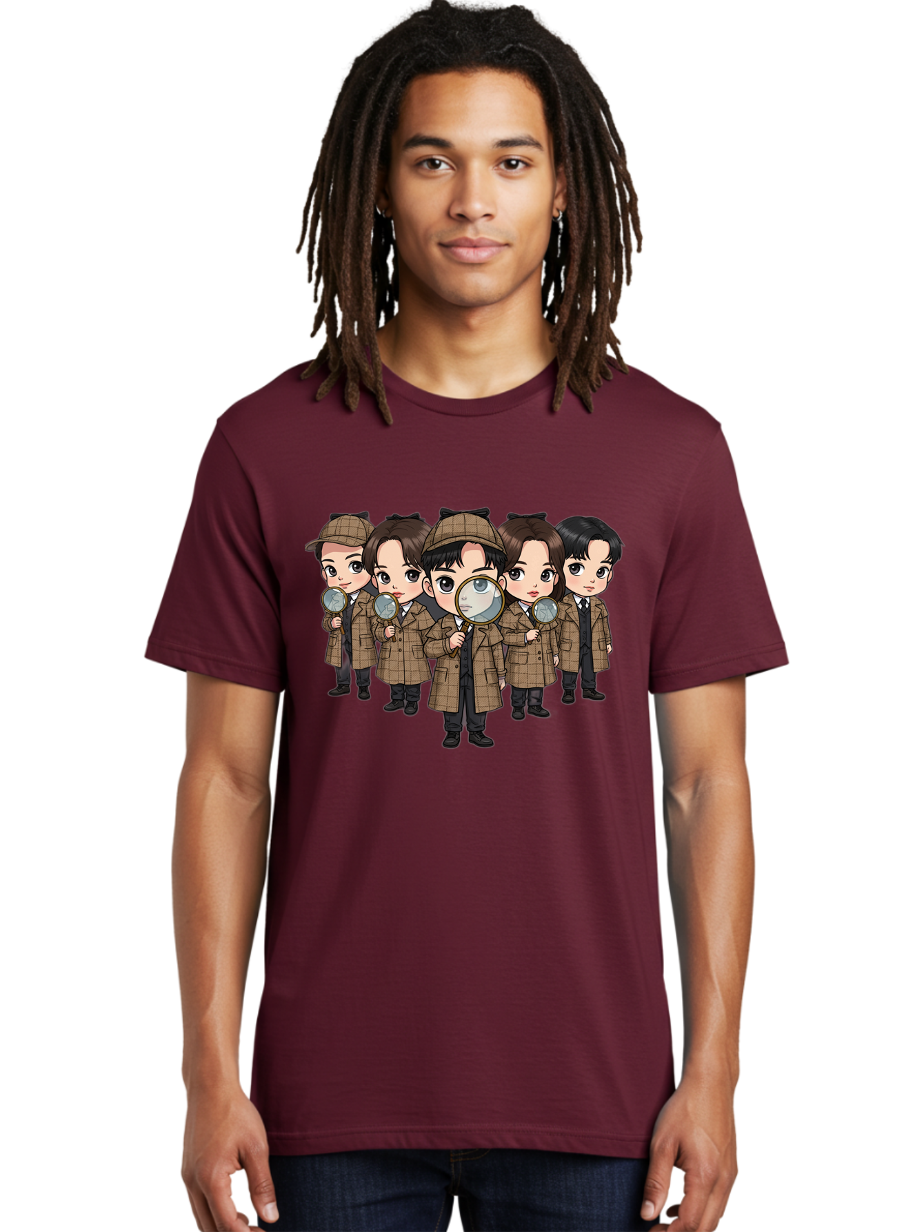 K-Drama-Detectives Men'S Graphic Tee, 100% Cotton, Comfortable Casual Summer Wear, Machine Washable, Cartoon Detectives, Sherlock Holmes, Magnifying Glass, Detective Work, Mystery Solving, Crime Investigation, Detective Hat, Trench Coat, Bac086