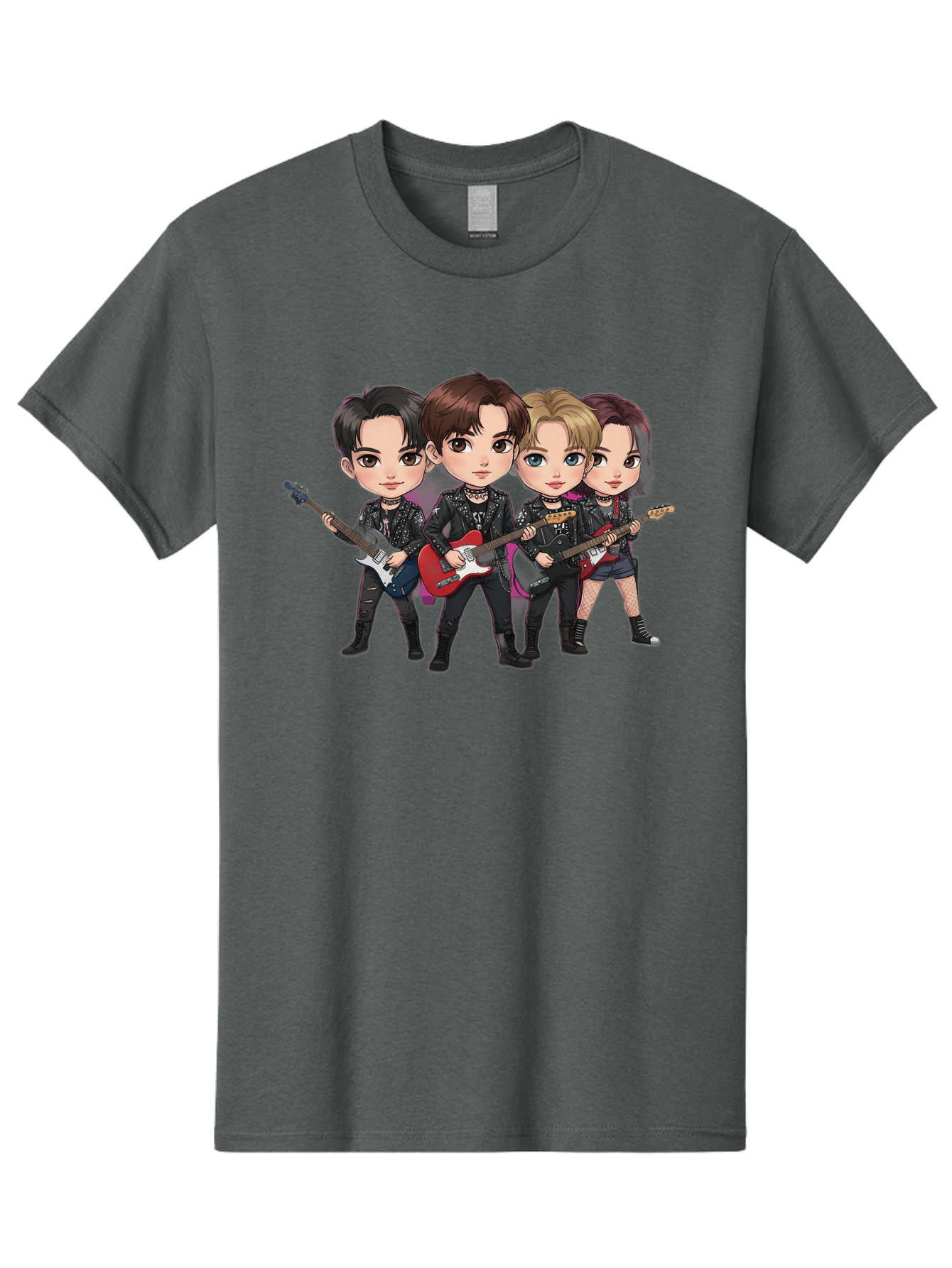 K-Pop-Band Men'S Graphic Tee, 100% Cotton, Comfortable Casual Summer Wear, Machine Washable, Cartoon Rock Band, Four Members, Guitars, Black Outfits, Rock Music, Band Performance, Chibi Style, Youthful Energy, Black Hair, Brown Hair, Bac087