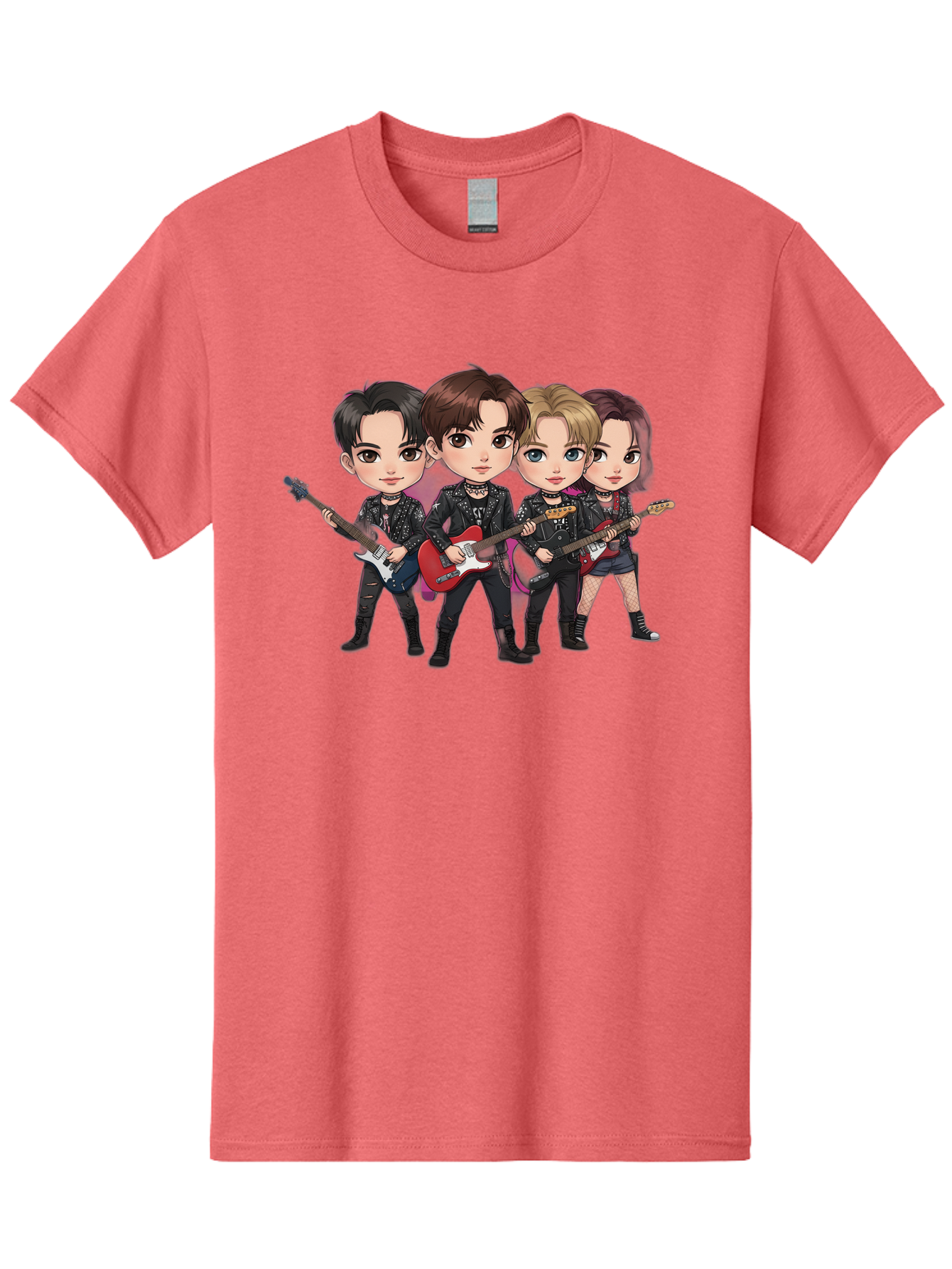 K-Pop-Band Men'S Graphic Tee, 100% Cotton, Comfortable Casual Summer Wear, Machine Washable, Cartoon Rock Band, Four Members, Guitars, Black Outfits, Rock Music, Band Performance, Chibi Style, Youthful Energy, Black Hair, Brown Hair, Bac087