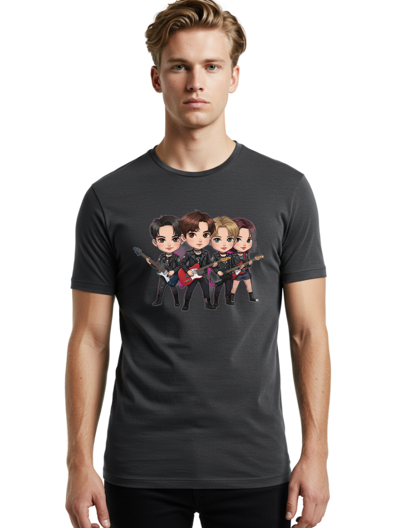 K-Pop-Band Men'S Graphic Tee, 100% Cotton, Comfortable Casual Summer Wear, Machine Washable, Cartoon Rock Band, Four Members, Guitars, Black Outfits, Rock Music, Band Performance, Chibi Style, Youthful Energy, Black Hair, Brown Hair, Bac087