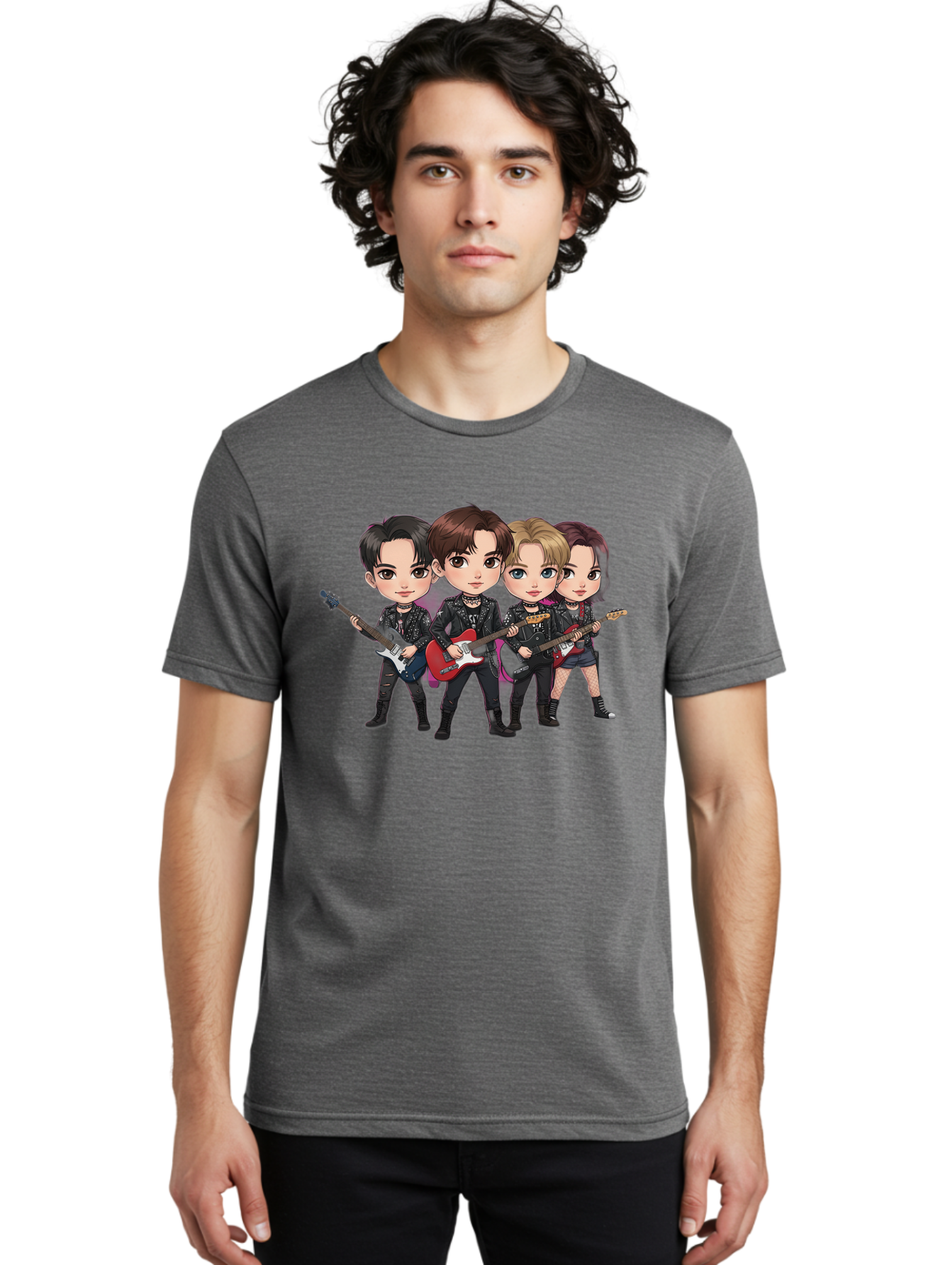K-Pop-Band Men'S Graphic Tee, 100% Cotton, Comfortable Casual Summer Wear, Machine Washable, Cartoon Rock Band, Four Members, Guitars, Black Outfits, Rock Music, Band Performance, Chibi Style, Youthful Energy, Black Hair, Brown Hair, Bac087