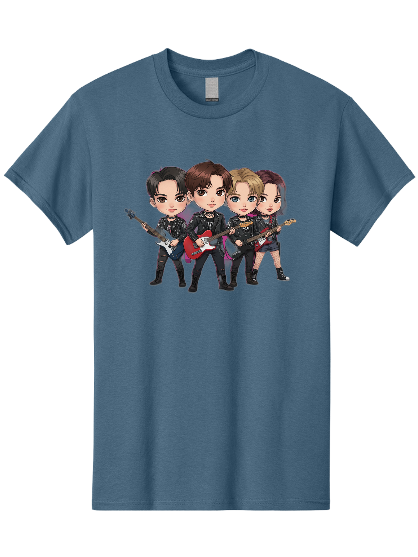 K-Pop-Band Men'S Graphic Tee, 100% Cotton, Comfortable Casual Summer Wear, Machine Washable, Cartoon Rock Band, Four Members, Guitars, Black Outfits, Rock Music, Band Performance, Chibi Style, Youthful Energy, Black Hair, Brown Hair, Bac087