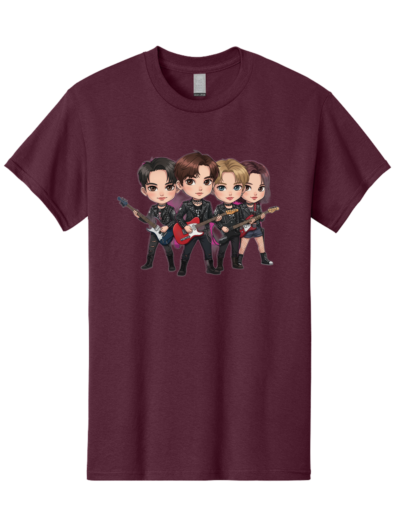K-Pop-Band Men'S Graphic Tee, 100% Cotton, Comfortable Casual Summer Wear, Machine Washable, Cartoon Rock Band, Four Members, Guitars, Black Outfits, Rock Music, Band Performance, Chibi Style, Youthful Energy, Black Hair, Brown Hair, Bac087