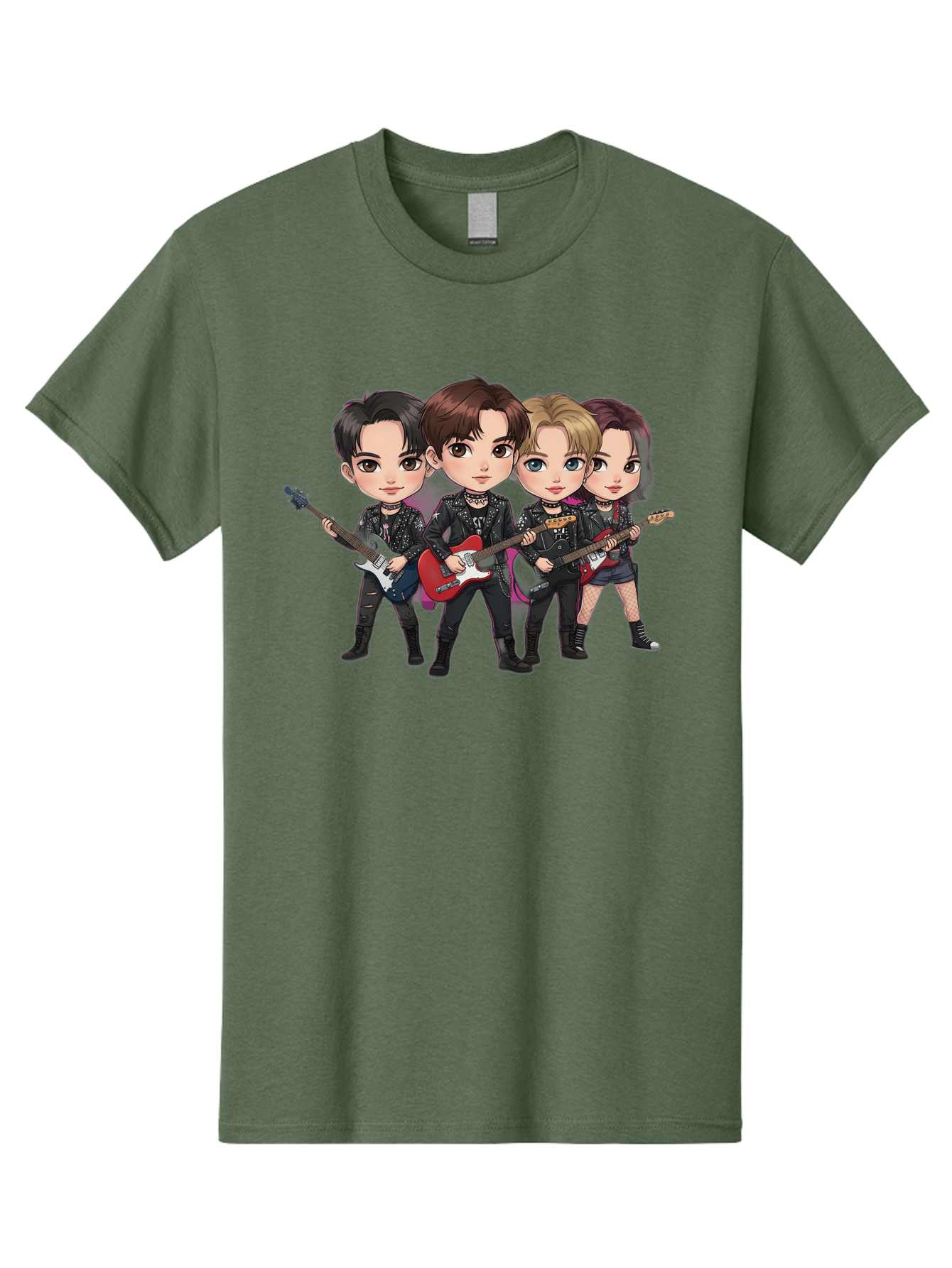 K-Pop-Band Men'S Graphic Tee, 100% Cotton, Comfortable Casual Summer Wear, Machine Washable, Cartoon Rock Band, Four Members, Guitars, Black Outfits, Rock Music, Band Performance, Chibi Style, Youthful Energy, Black Hair, Brown Hair, Bac087
