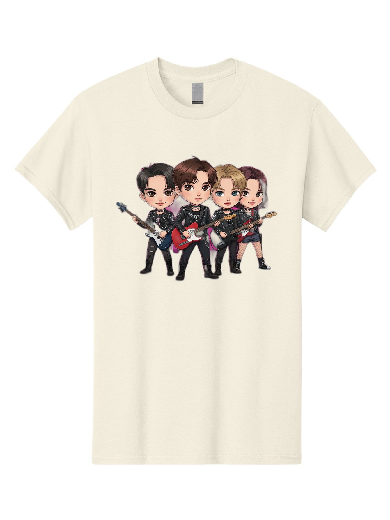 K-Pop-Band Men'S Graphic Tee, 100% Cotton, Comfortable Casual Summer Wear, Machine Washable, Cartoon Rock Band, Four Members, Guitars, Black Outfits, Rock Music, Band Performance, Chibi Style, Youthful Energy, Black Hair, Brown Hair, Bac087