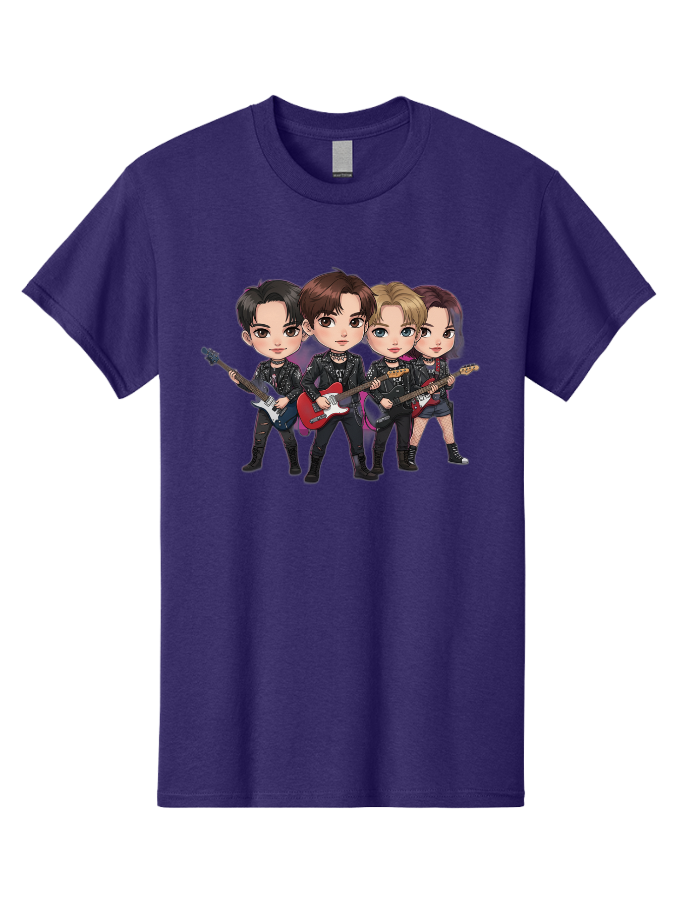 K-Pop-Band Men'S Graphic Tee, 100% Cotton, Comfortable Casual Summer Wear, Machine Washable, Cartoon Rock Band, Four Members, Guitars, Black Outfits, Rock Music, Band Performance, Chibi Style, Youthful Energy, Black Hair, Brown Hair, Bac087