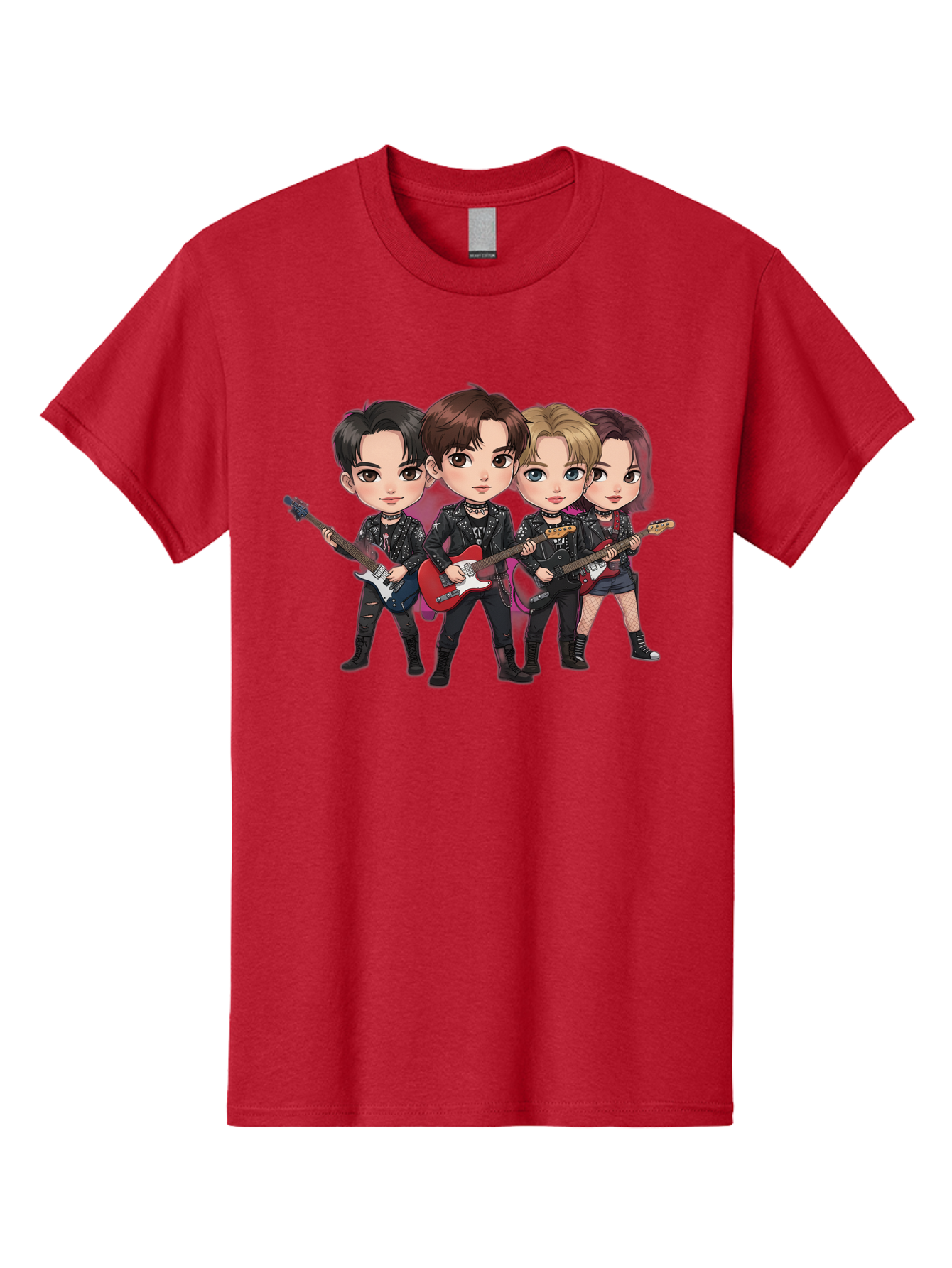K-Pop-Band Men'S Graphic Tee, 100% Cotton, Comfortable Casual Summer Wear, Machine Washable, Cartoon Rock Band, Four Members, Guitars, Black Outfits, Rock Music, Band Performance, Chibi Style, Youthful Energy, Black Hair, Brown Hair, Bac087