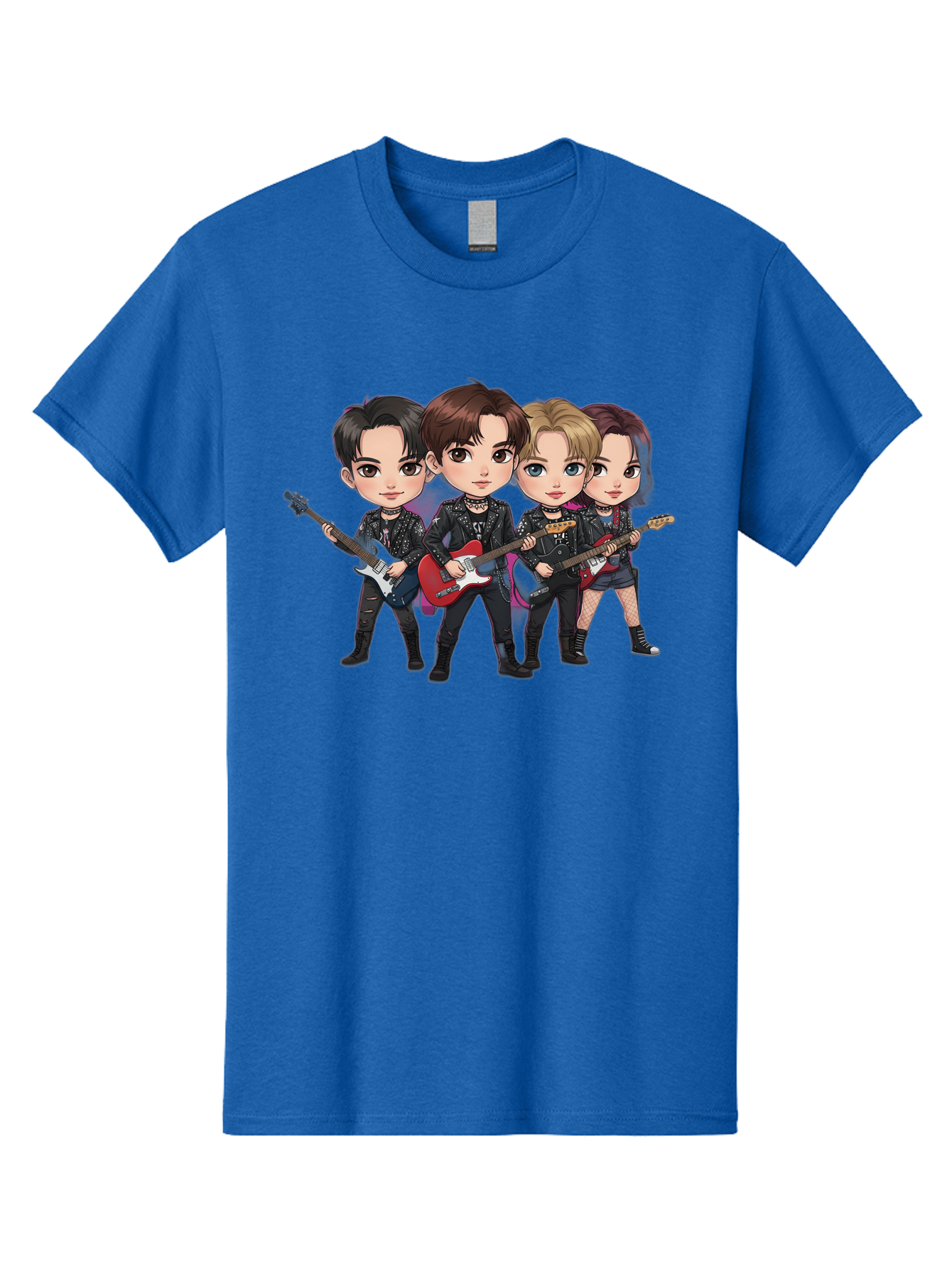 K-Pop-Band Men'S Graphic Tee, 100% Cotton, Comfortable Casual Summer Wear, Machine Washable, Cartoon Rock Band, Four Members, Guitars, Black Outfits, Rock Music, Band Performance, Chibi Style, Youthful Energy, Black Hair, Brown Hair, Bac087