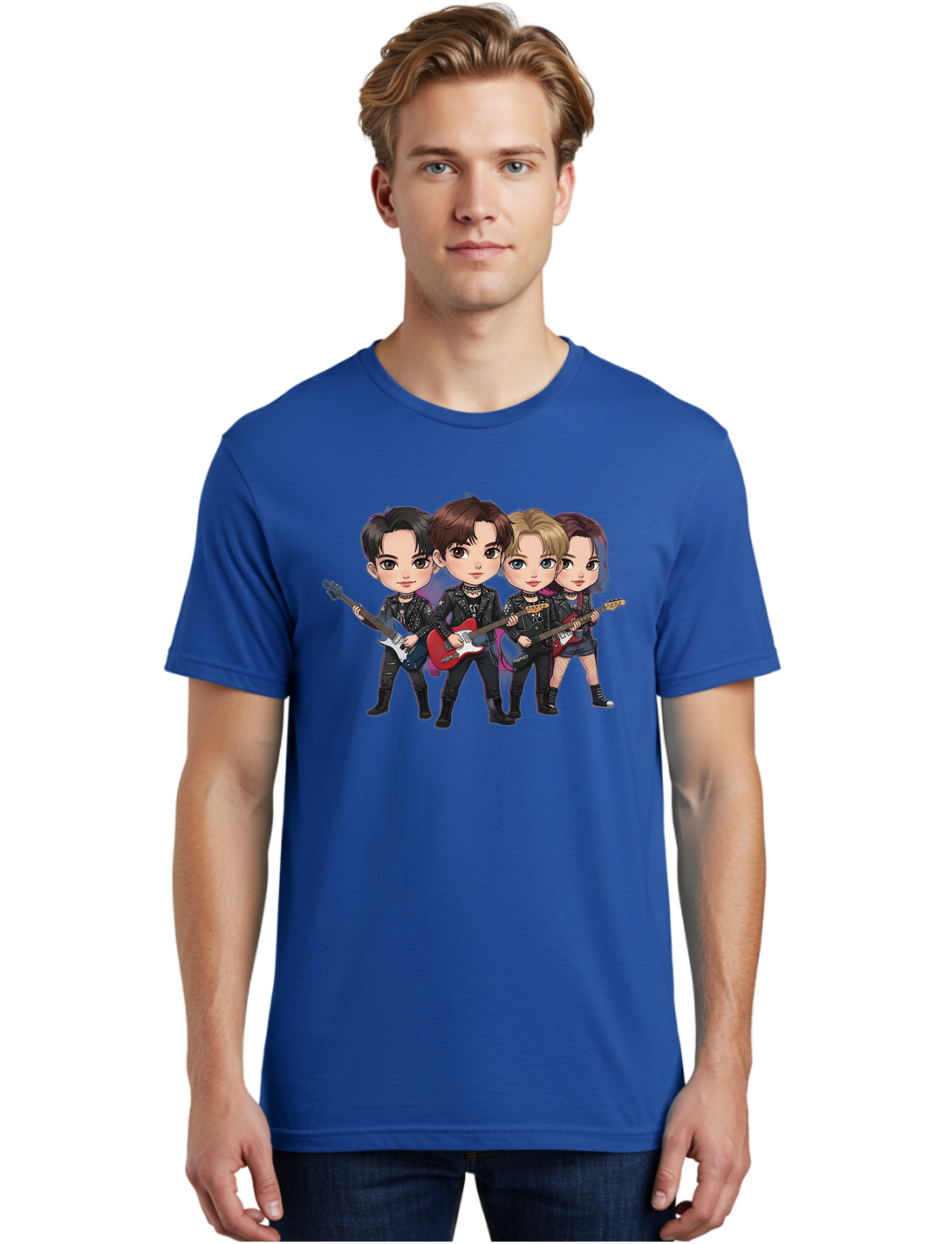 K-Pop-Band Men'S Graphic Tee, 100% Cotton, Comfortable Casual Summer Wear, Machine Washable, Cartoon Rock Band, Four Members, Guitars, Black Outfits, Rock Music, Band Performance, Chibi Style, Youthful Energy, Black Hair, Brown Hair, Bac087
