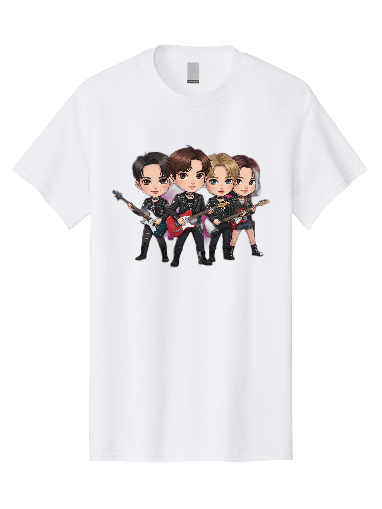 K-Pop-Band Men'S Graphic Tee, 100% Cotton, Comfortable Casual Summer Wear, Machine Washable, Cartoon Rock Band, Four Members, Guitars, Black Outfits, Rock Music, Band Performance, Chibi Style, Youthful Energy, Black Hair, Brown Hair, Bac087