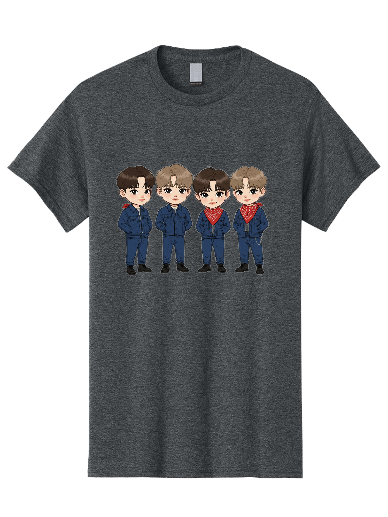 K-Pop-Boys Men'S Graphic Tee, 100% Cotton, Comfortable Casual Summer Wear, Machine Washable, Cartoon Boys, K-Pop Style, Blue Denim Outfits, Red Bandanas, Anime-Inspired Characters, Trendy Fashion, Youthful Energy, Group Portrait, Chibi Art, Bac088