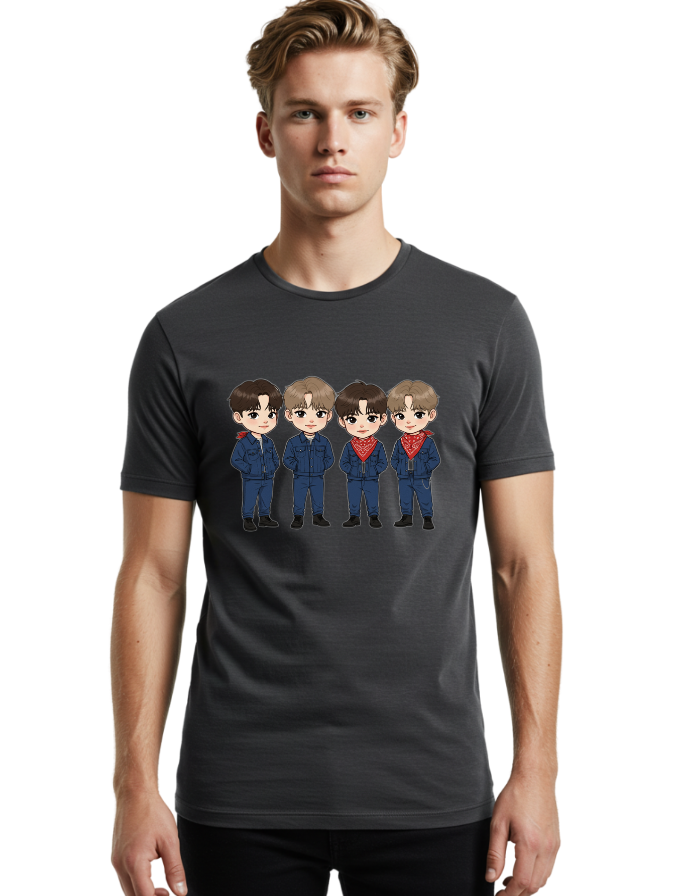 K-Pop-Boys Men'S Graphic Tee, 100% Cotton, Comfortable Casual Summer Wear, Machine Washable, Cartoon Boys, K-Pop Style, Blue Denim Outfits, Red Bandanas, Anime-Inspired Characters, Trendy Fashion, Youthful Energy, Group Portrait, Chibi Art, Bac088