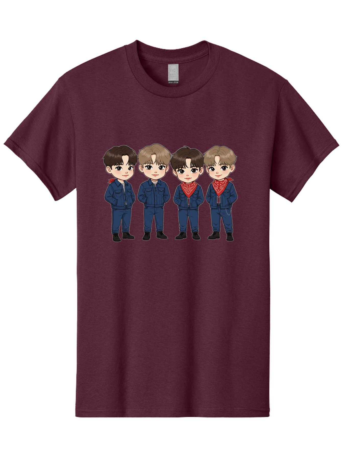 K-Pop-Boys Men'S Graphic Tee, 100% Cotton, Comfortable Casual Summer Wear, Machine Washable, Cartoon Boys, K-Pop Style, Blue Denim Outfits, Red Bandanas, Anime-Inspired Characters, Trendy Fashion, Youthful Energy, Group Portrait, Chibi Art, Bac088
