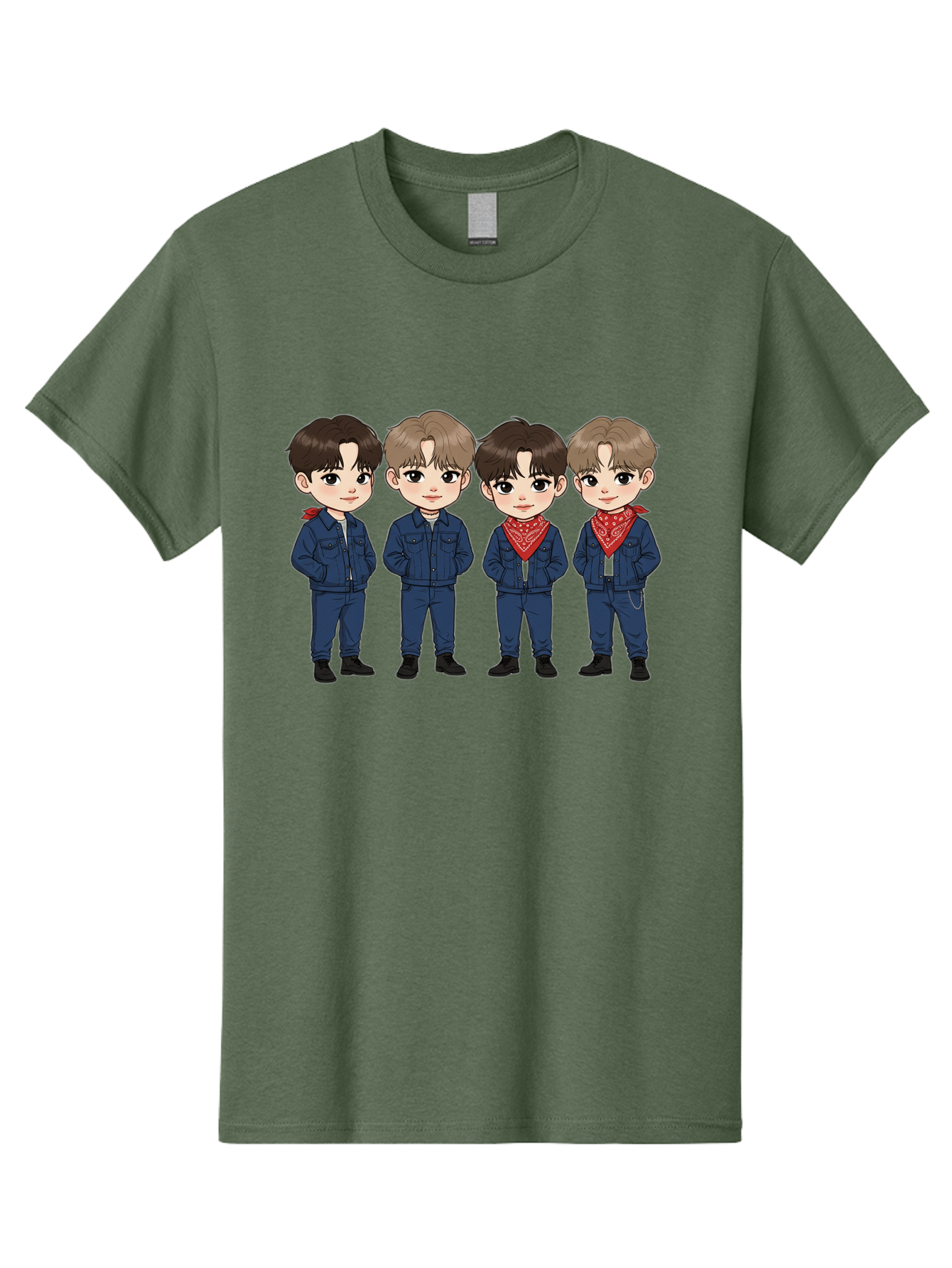 K-Pop-Boys Men'S Graphic Tee, 100% Cotton, Comfortable Casual Summer Wear, Machine Washable, Cartoon Boys, K-Pop Style, Blue Denim Outfits, Red Bandanas, Anime-Inspired Characters, Trendy Fashion, Youthful Energy, Group Portrait, Chibi Art, Bac088