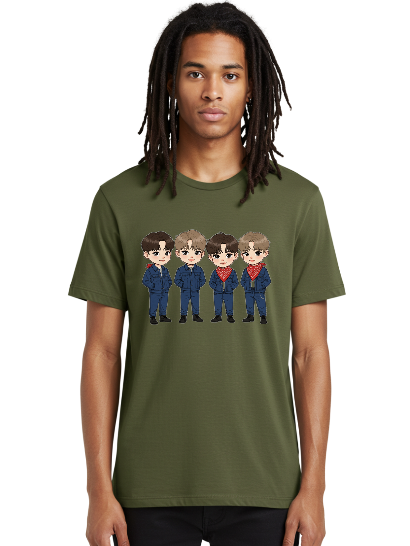 K-Pop-Boys Men'S Graphic Tee, 100% Cotton, Comfortable Casual Summer Wear, Machine Washable, Cartoon Boys, K-Pop Style, Blue Denim Outfits, Red Bandanas, Anime-Inspired Characters, Trendy Fashion, Youthful Energy, Group Portrait, Chibi Art, Bac088