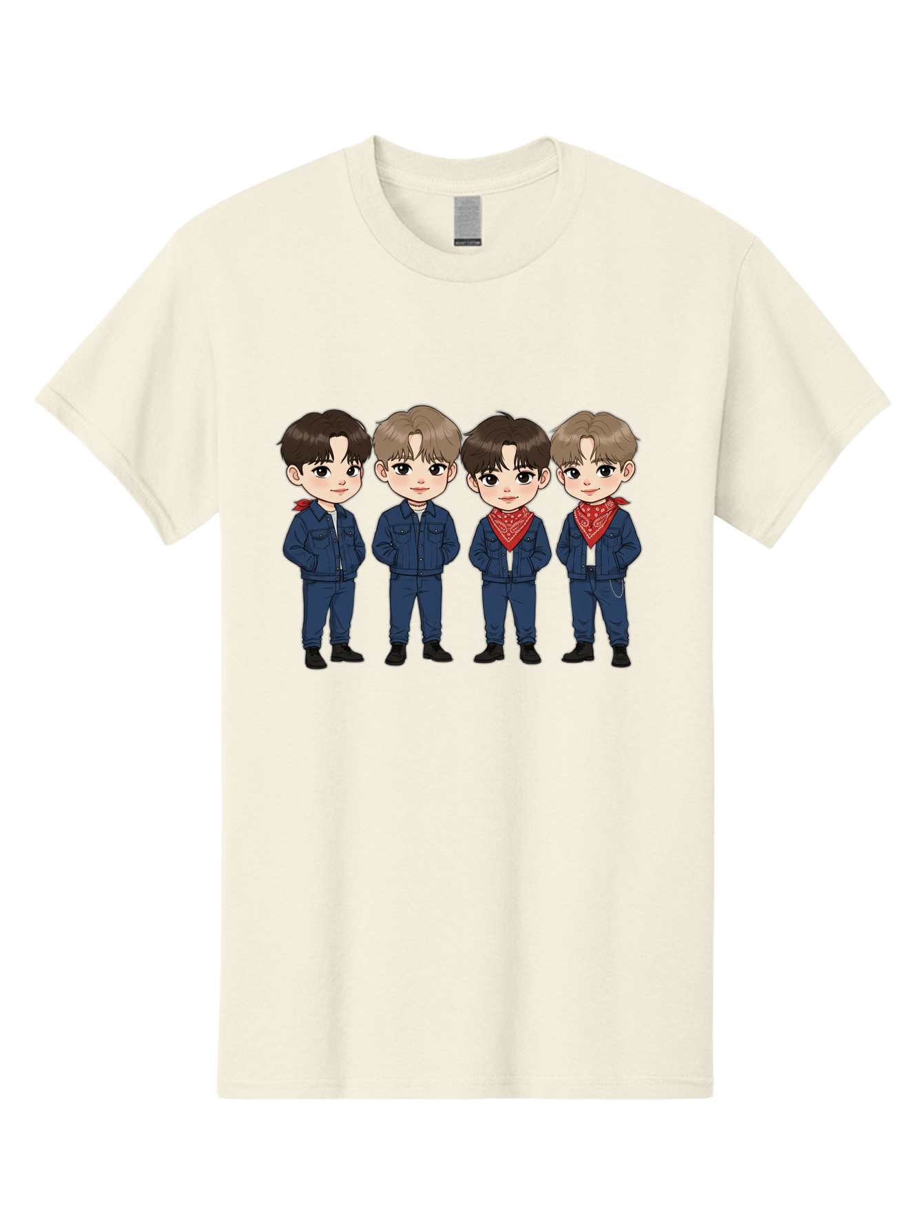 K-Pop-Boys Men'S Graphic Tee, 100% Cotton, Comfortable Casual Summer Wear, Machine Washable, Cartoon Boys, K-Pop Style, Blue Denim Outfits, Red Bandanas, Anime-Inspired Characters, Trendy Fashion, Youthful Energy, Group Portrait, Chibi Art, Bac088