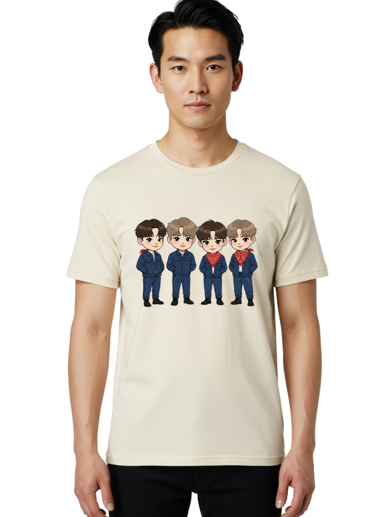 K-Pop-Boys Men'S Graphic Tee, 100% Cotton, Comfortable Casual Summer Wear, Machine Washable, Cartoon Boys, K-Pop Style, Blue Denim Outfits, Red Bandanas, Anime-Inspired Characters, Trendy Fashion, Youthful Energy, Group Portrait, Chibi Art, Bac088