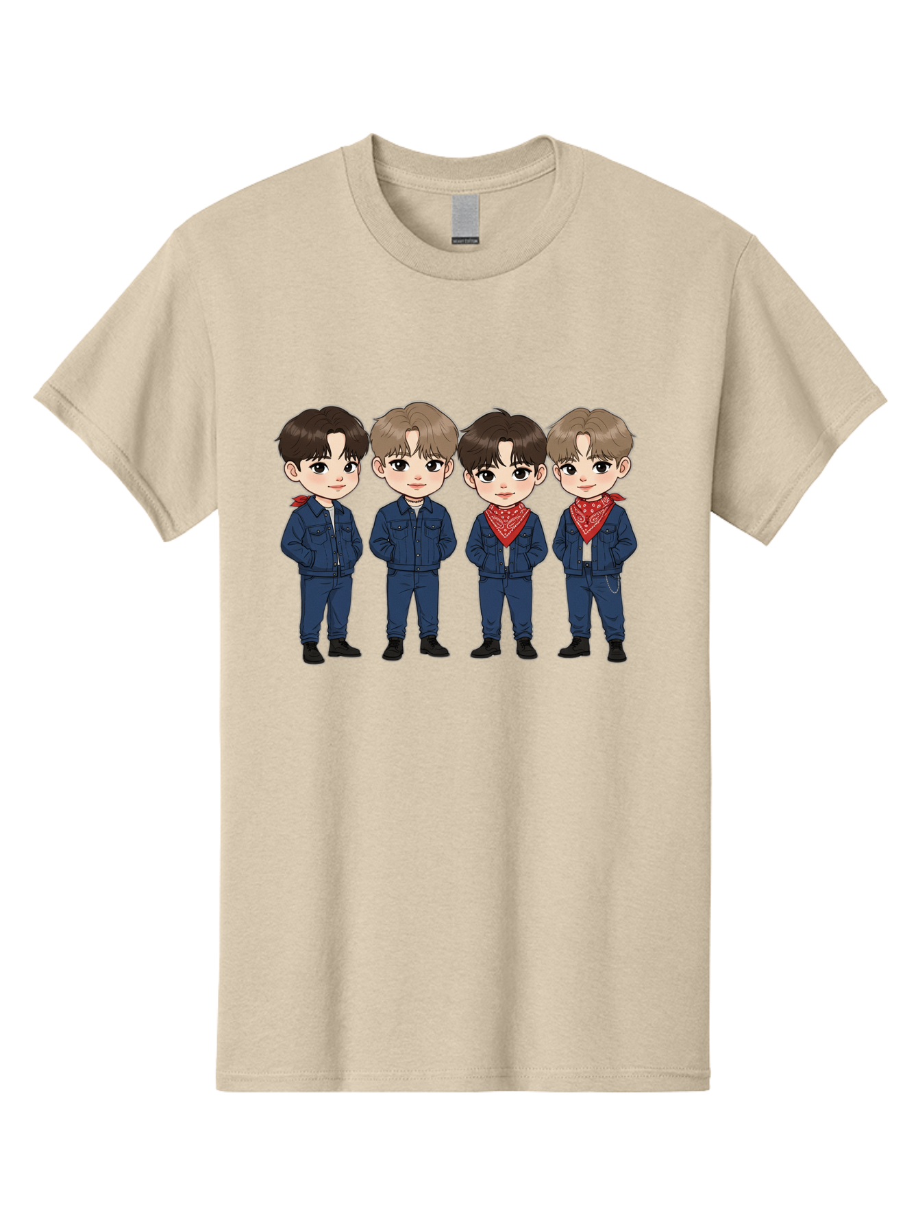 K-Pop-Boys Men'S Graphic Tee, 100% Cotton, Comfortable Casual Summer Wear, Machine Washable, Cartoon Boys, K-Pop Style, Blue Denim Outfits, Red Bandanas, Anime-Inspired Characters, Trendy Fashion, Youthful Energy, Group Portrait, Chibi Art, Bac088