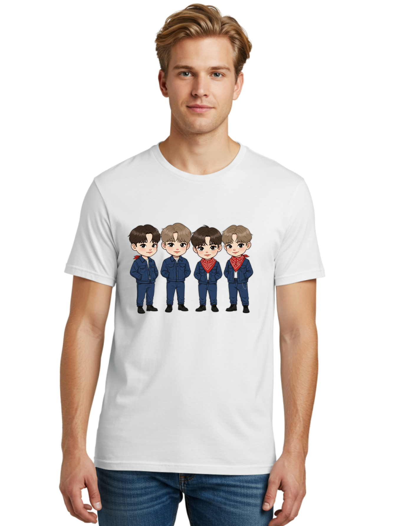 K-Pop-Boys Men'S Graphic Tee, 100% Cotton, Comfortable Casual Summer Wear, Machine Washable, Cartoon Boys, K-Pop Style, Blue Denim Outfits, Red Bandanas, Anime-Inspired Characters, Trendy Fashion, Youthful Energy, Group Portrait, Chibi Art, Bac088