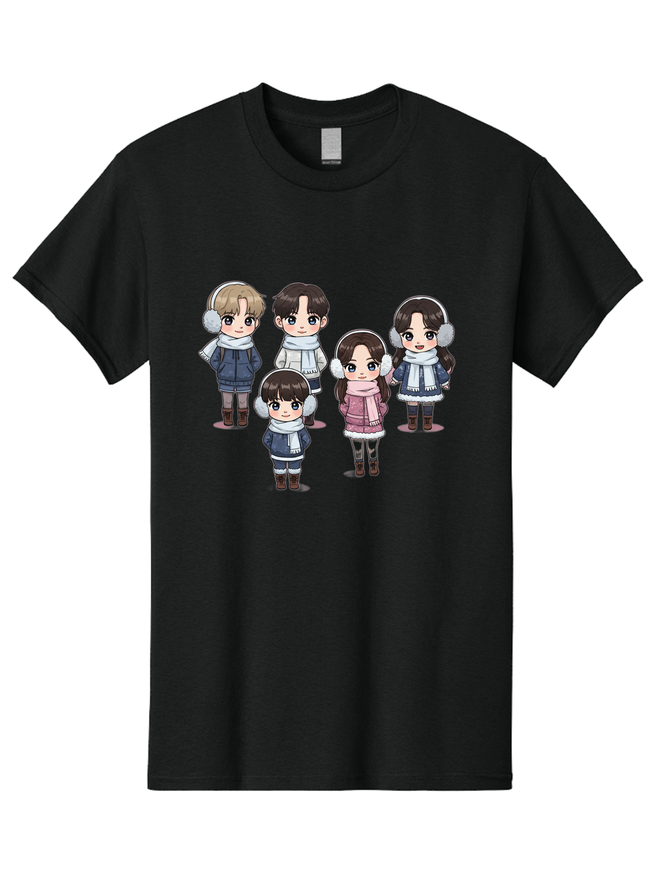 K-Pop-Chibi-Characters Men'S Graphic Tee, 100% Cotton, Comfortable Casual Summer Wear, Machine Washable, Cartoon Children, Winter Clothing, Earmuffs, Scarves, Coats, Boots, Happy Faces, Kawaii Style, Cute Kids, Adorable Characters, Bac089