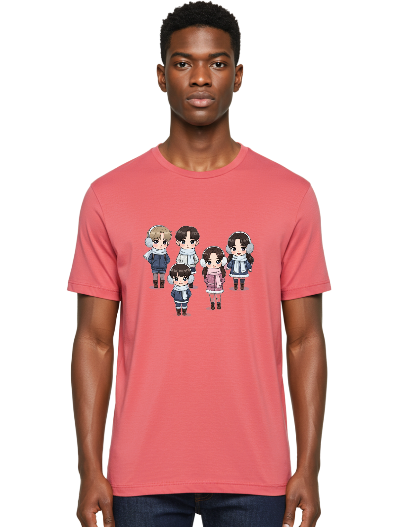 K-Pop-Chibi-Characters Men'S Graphic Tee, 100% Cotton, Comfortable Casual Summer Wear, Machine Washable, Cartoon Children, Winter Clothing, Earmuffs, Scarves, Coats, Boots, Happy Faces, Kawaii Style, Cute Kids, Adorable Characters, Bac089