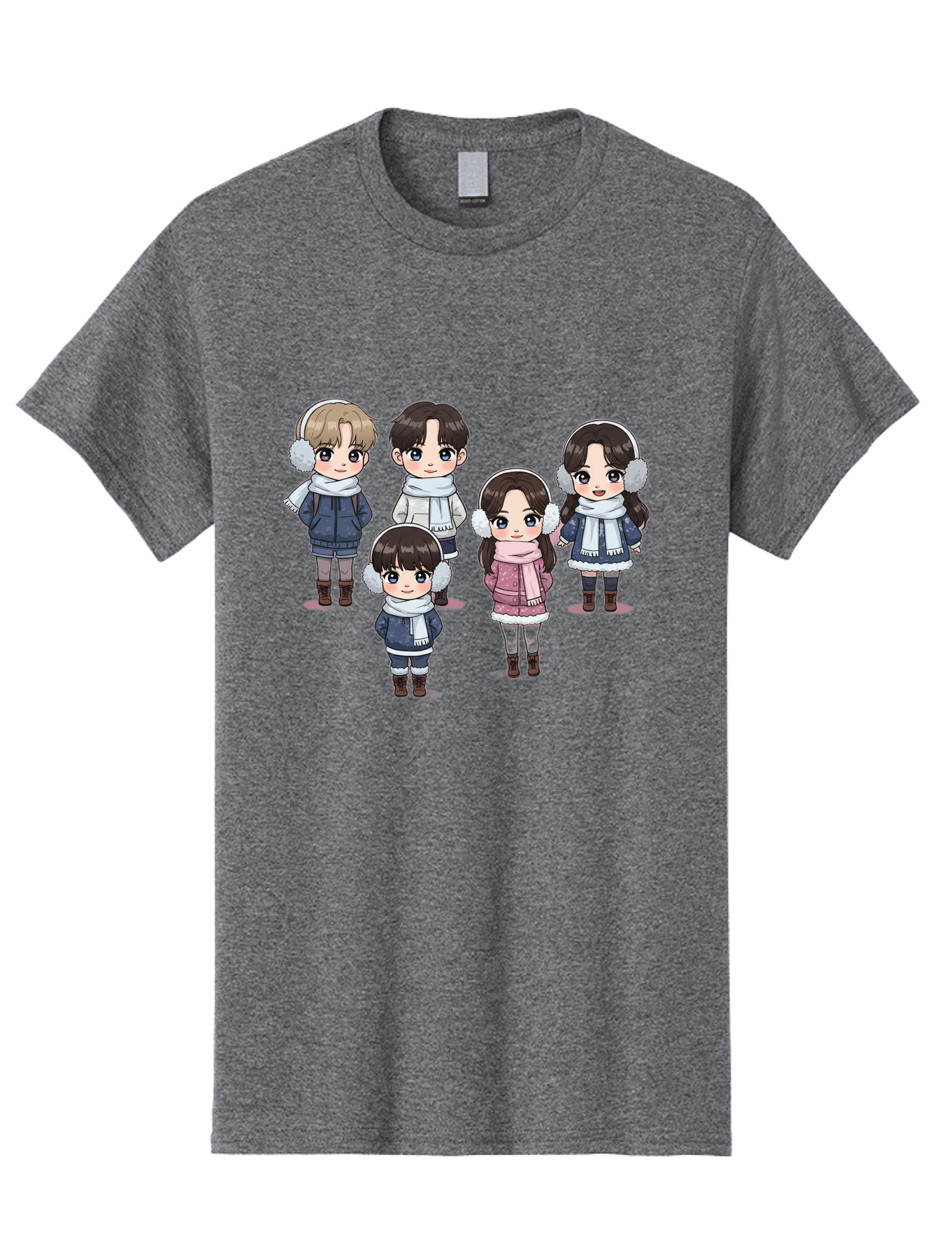 K-Pop-Chibi-Characters Men'S Graphic Tee, 100% Cotton, Comfortable Casual Summer Wear, Machine Washable, Cartoon Children, Winter Clothing, Earmuffs, Scarves, Coats, Boots, Happy Faces, Kawaii Style, Cute Kids, Adorable Characters, Bac089