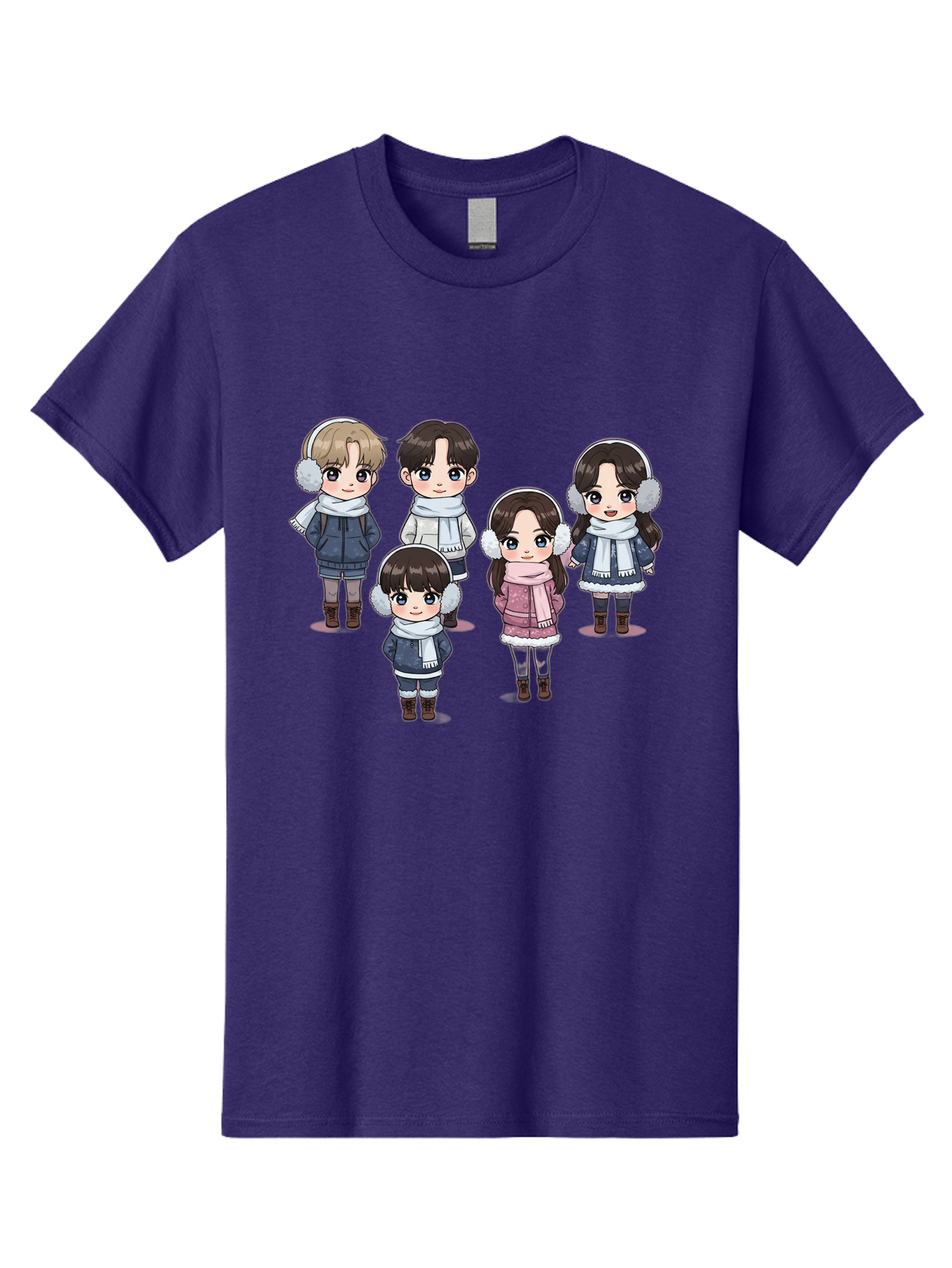 K-Pop-Chibi-Characters Men'S Graphic Tee, 100% Cotton, Comfortable Casual Summer Wear, Machine Washable, Cartoon Children, Winter Clothing, Earmuffs, Scarves, Coats, Boots, Happy Faces, Kawaii Style, Cute Kids, Adorable Characters, Bac089