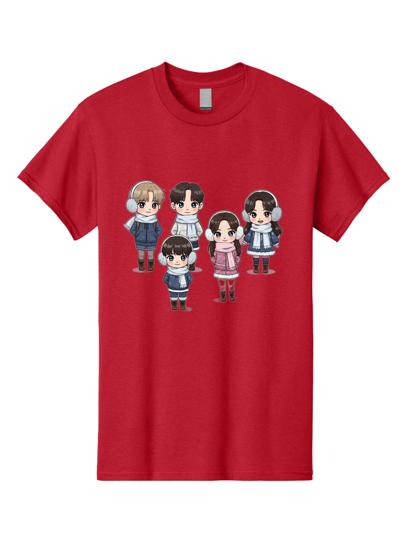 K-Pop-Chibi-Characters Men'S Graphic Tee, 100% Cotton, Comfortable Casual Summer Wear, Machine Washable, Cartoon Children, Winter Clothing, Earmuffs, Scarves, Coats, Boots, Happy Faces, Kawaii Style, Cute Kids, Adorable Characters, Bac089