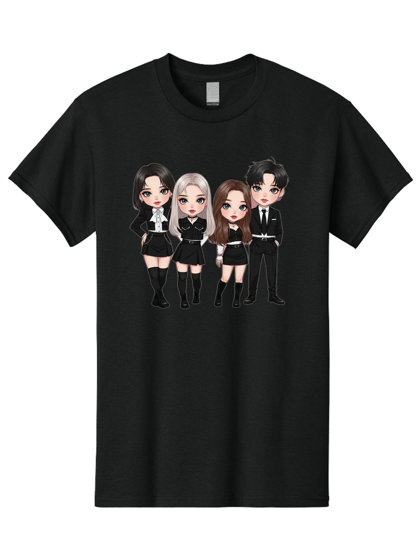 K-Pop-Group-1 Men'S Graphic Tee, 100% Cotton, Comfortable Casual Summer Wear, Machine Washable, K-Pop Group, Cartoon Characters, Black And White Outfits, Stylish Hairstyles, Confident Poses, Modern Fashion, Pop Culture Icons, Youth Culture, Bac090