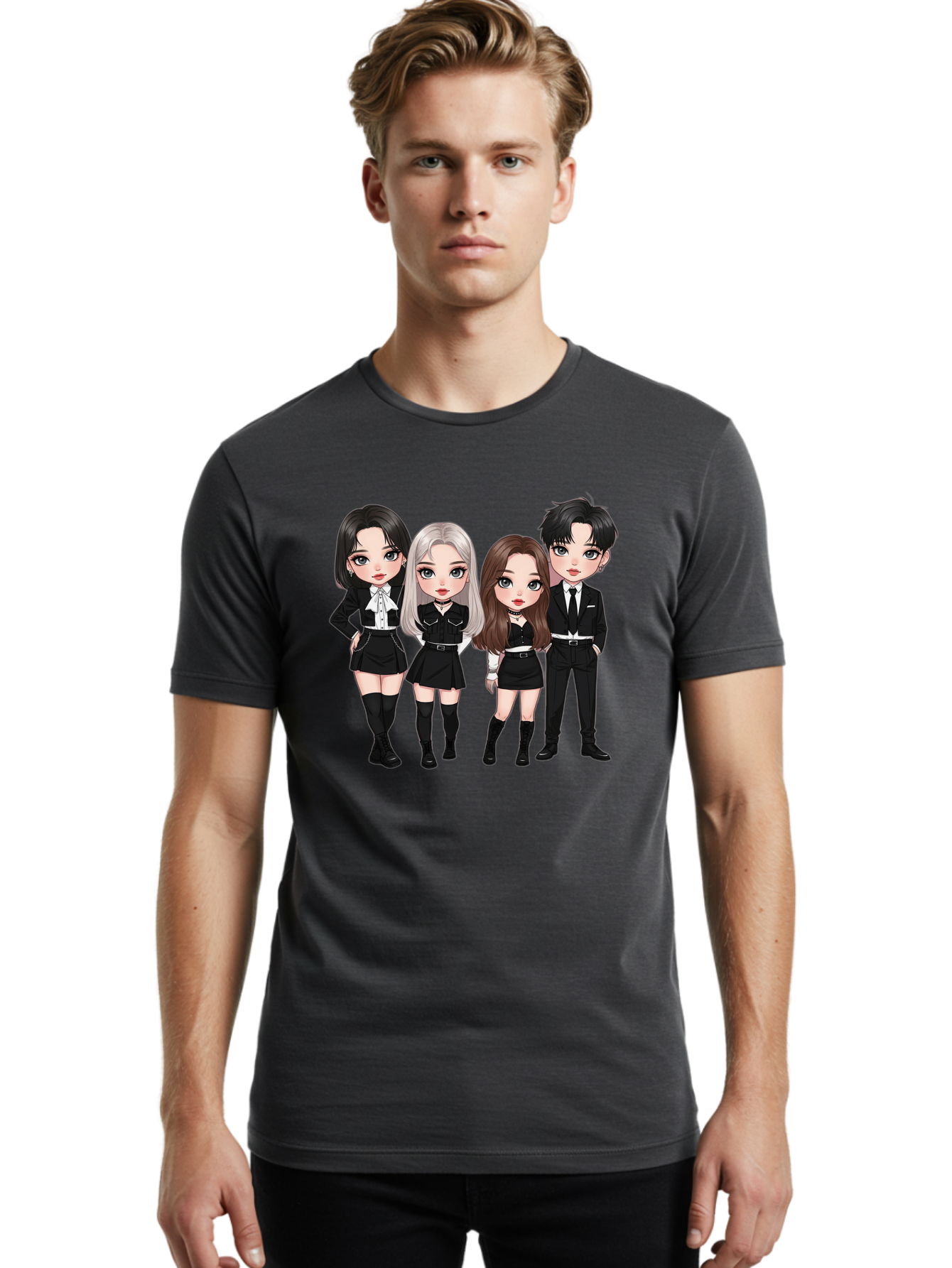 K-Pop-Group-1 Men'S Graphic Tee, 100% Cotton, Comfortable Casual Summer Wear, Machine Washable, K-Pop Group, Cartoon Characters, Black And White Outfits, Stylish Hairstyles, Confident Poses, Modern Fashion, Pop Culture Icons, Youth Culture, Bac090