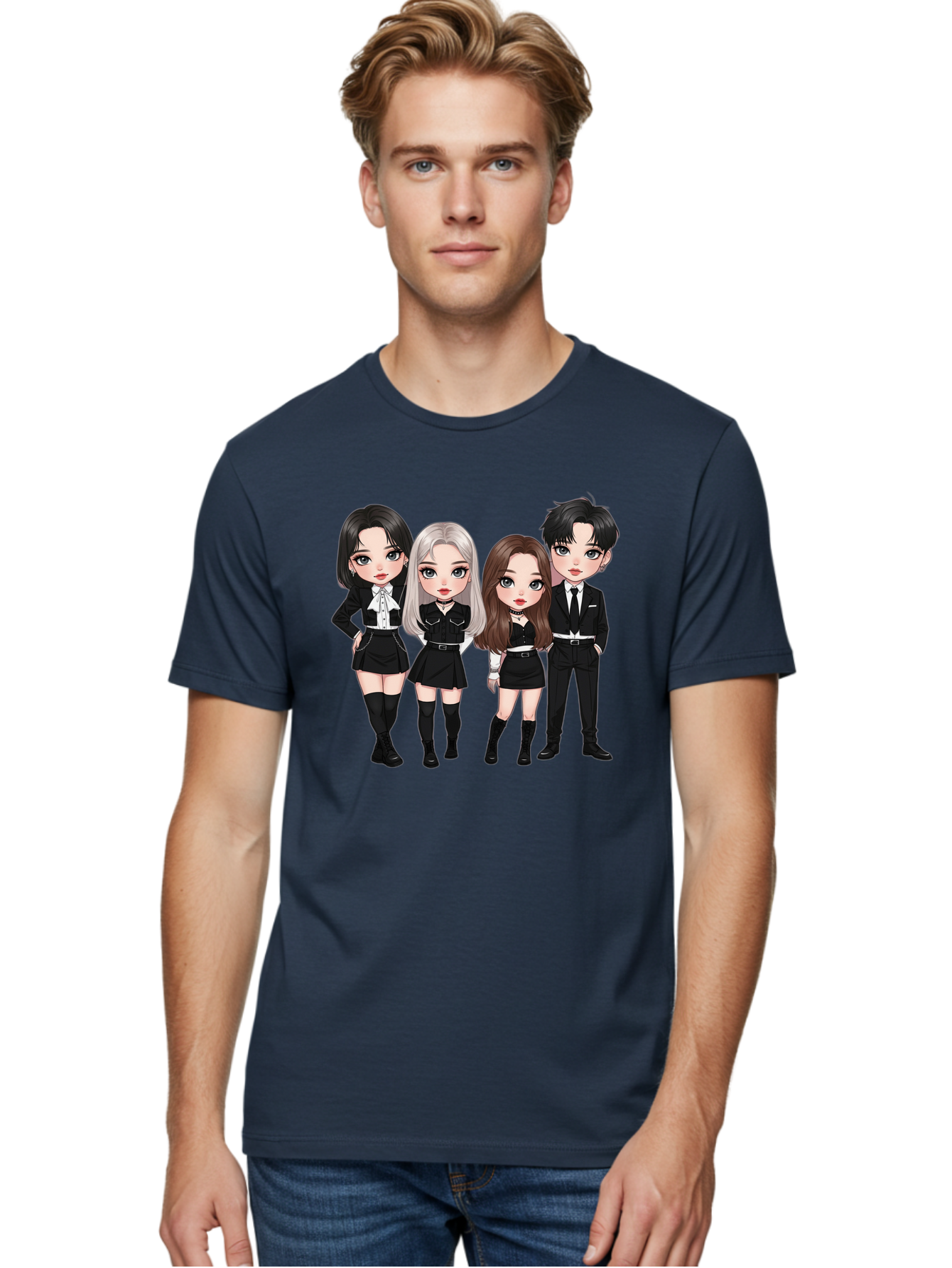 K-Pop-Group-1 Men'S Graphic Tee, 100% Cotton, Comfortable Casual Summer Wear, Machine Washable, K-Pop Group, Cartoon Characters, Black And White Outfits, Stylish Hairstyles, Confident Poses, Modern Fashion, Pop Culture Icons, Youth Culture, Bac090