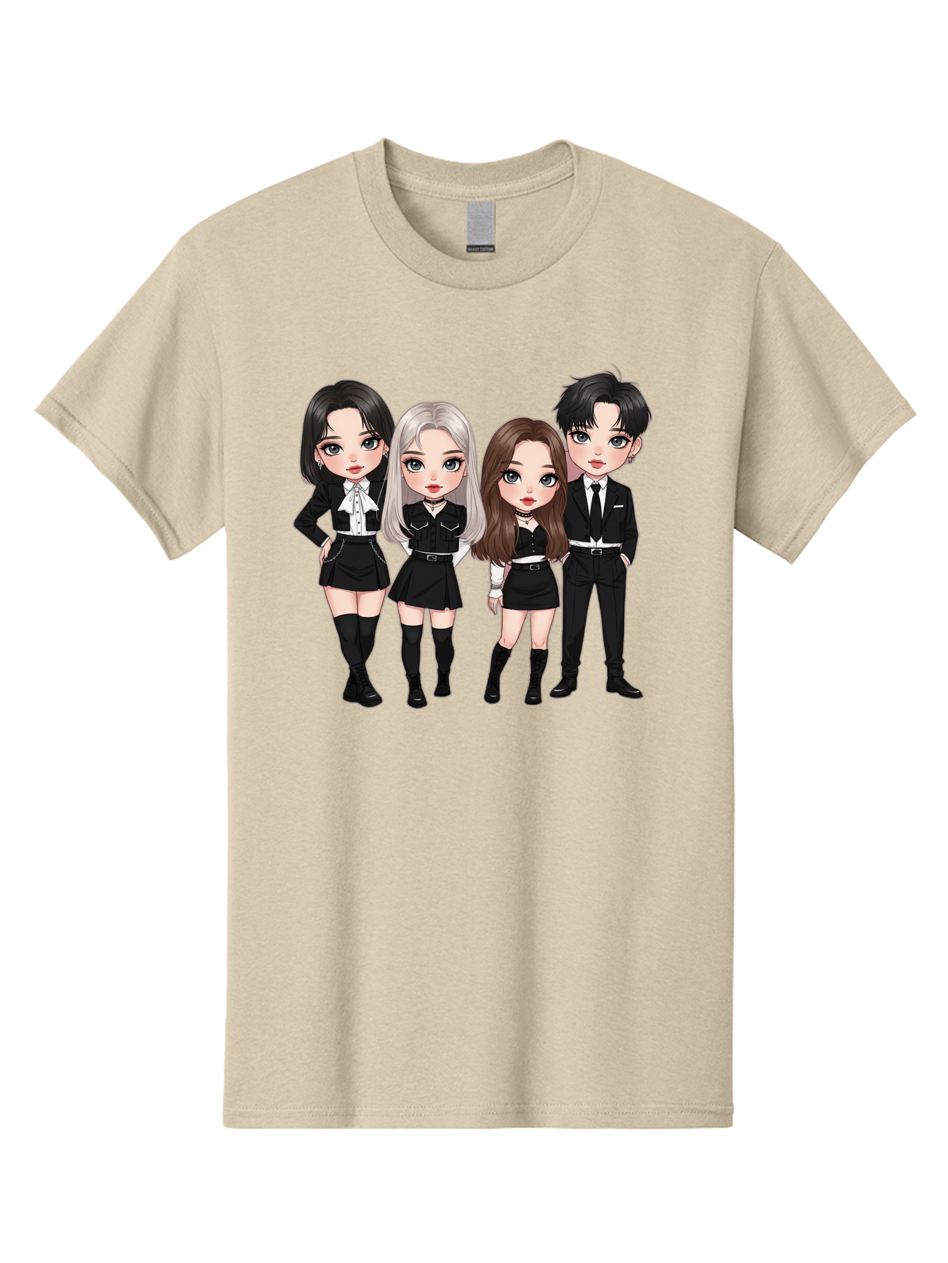K-Pop-Group-1 Men'S Graphic Tee, 100% Cotton, Comfortable Casual Summer Wear, Machine Washable, K-Pop Group, Cartoon Characters, Black And White Outfits, Stylish Hairstyles, Confident Poses, Modern Fashion, Pop Culture Icons, Youth Culture, Bac090