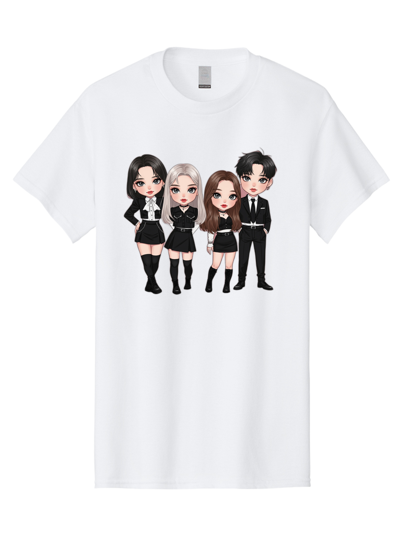 K-Pop-Group-1 Men'S Graphic Tee, 100% Cotton, Comfortable Casual Summer Wear, Machine Washable, K-Pop Group, Cartoon Characters, Black And White Outfits, Stylish Hairstyles, Confident Poses, Modern Fashion, Pop Culture Icons, Youth Culture, Bac090