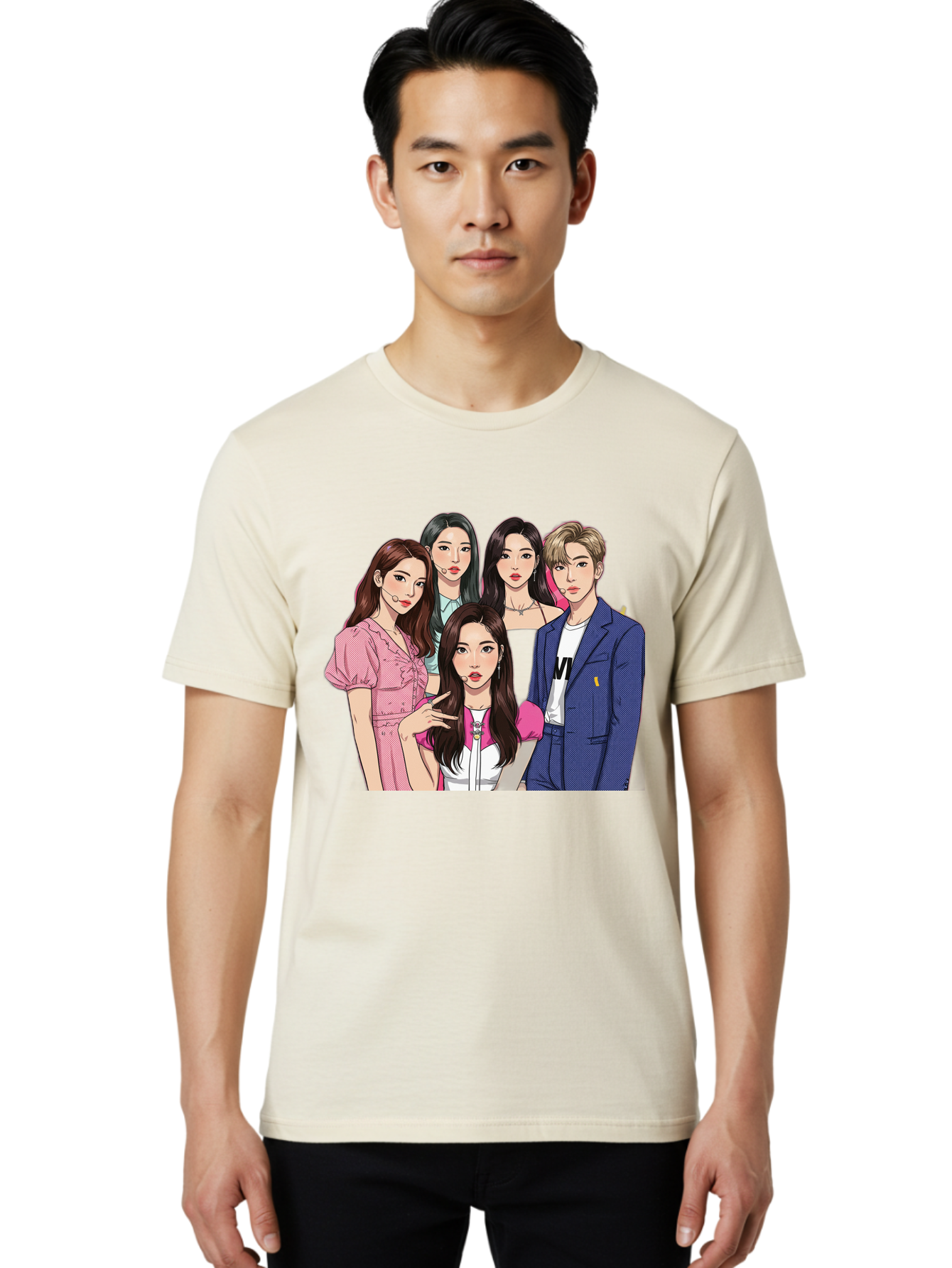 K-Pop-Group-3 Men'S Graphic Tee, 100% Cotton, Comfortable Casual Summer Wear, Machine Washable, K-Pop Idols, Fashion Illustration, Group Portrait, Stylish Clothing, Modern Pop Culture, Young Adults, Trendy Hairstyles, Pop Art Style, Bac092