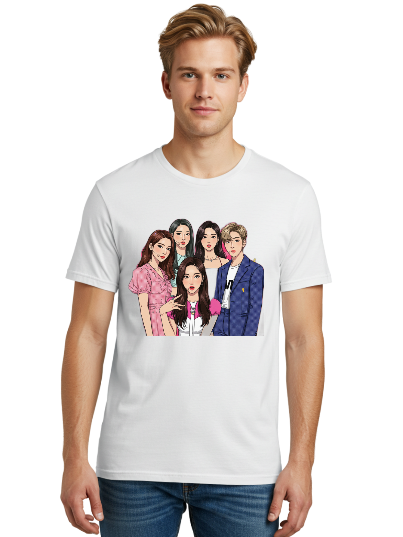 K-Pop-Group-3 Men'S Graphic Tee, 100% Cotton, Comfortable Casual Summer Wear, Machine Washable, K-Pop Idols, Fashion Illustration, Group Portrait, Stylish Clothing, Modern Pop Culture, Young Adults, Trendy Hairstyles, Pop Art Style, Bac092