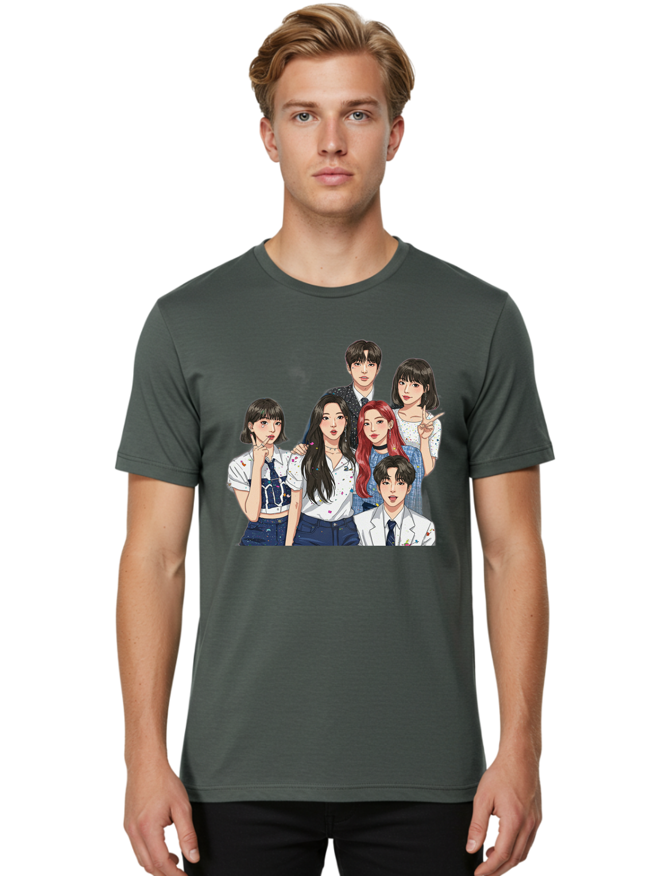 K-Pop-Group-4 Men'S Graphic Tee, 100% Cotton, Comfortable Casual Summer Wear, Machine Washable, K-Pop Group Illustration, Young Idols, Fashion Style, Casual Wear, Formal Wear, Colorful Hair, Pop Culture, Entertainment Industry, Group Portrait, Bac093