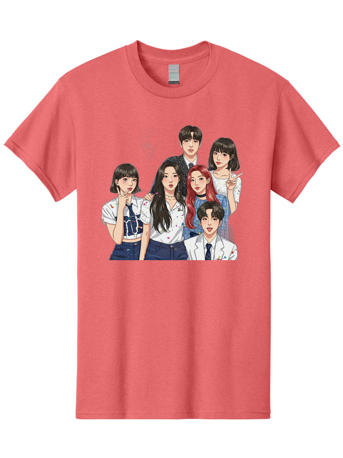 K-Pop-Group-4 Men'S Graphic Tee, 100% Cotton, Comfortable Casual Summer Wear, Machine Washable, K-Pop Group Illustration, Young Idols, Fashion Style, Casual Wear, Formal Wear, Colorful Hair, Pop Culture, Entertainment Industry, Group Portrait, Bac093