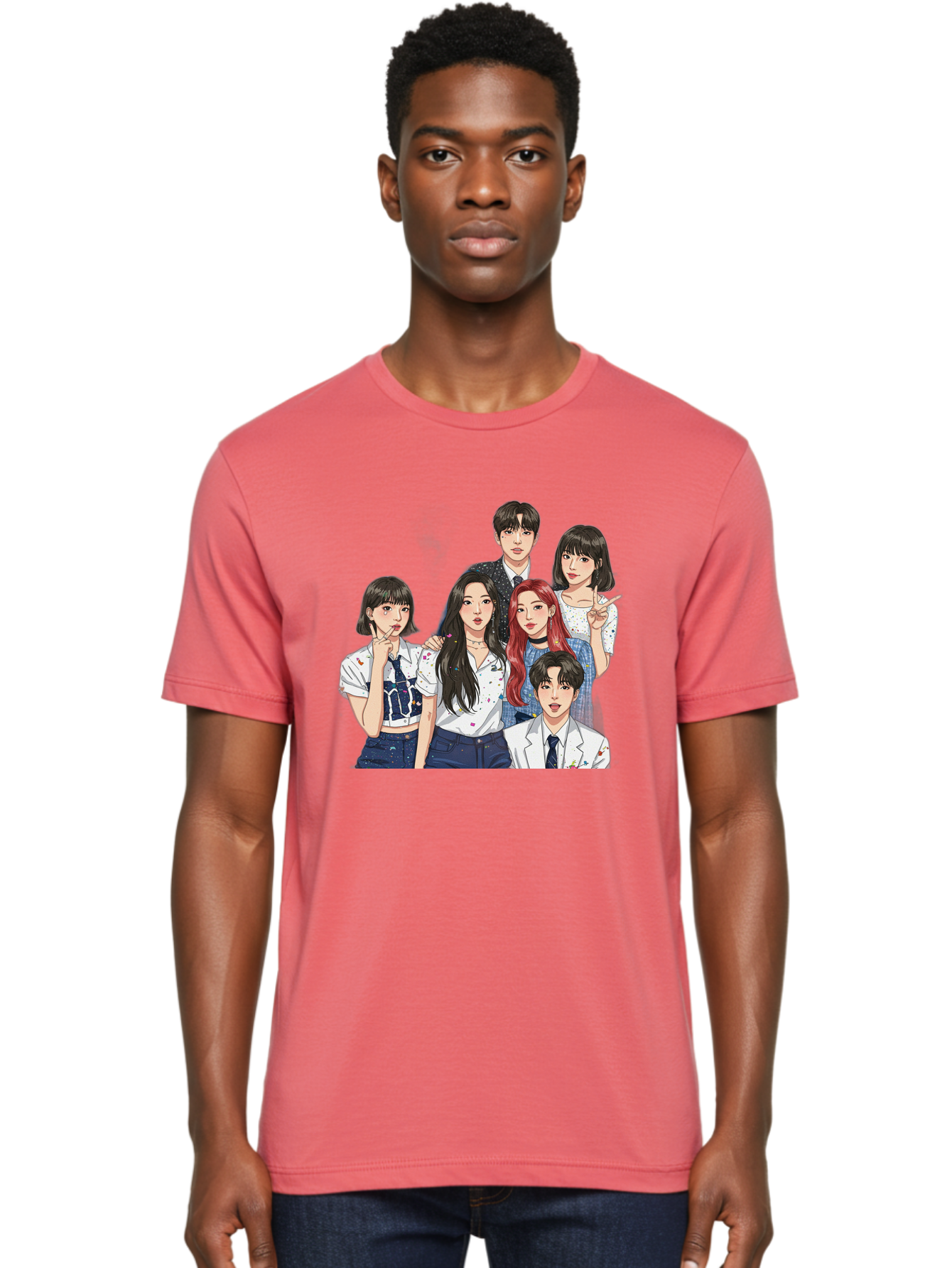 K-Pop-Group-4 Men'S Graphic Tee, 100% Cotton, Comfortable Casual Summer Wear, Machine Washable, K-Pop Group Illustration, Young Idols, Fashion Style, Casual Wear, Formal Wear, Colorful Hair, Pop Culture, Entertainment Industry, Group Portrait, Bac093