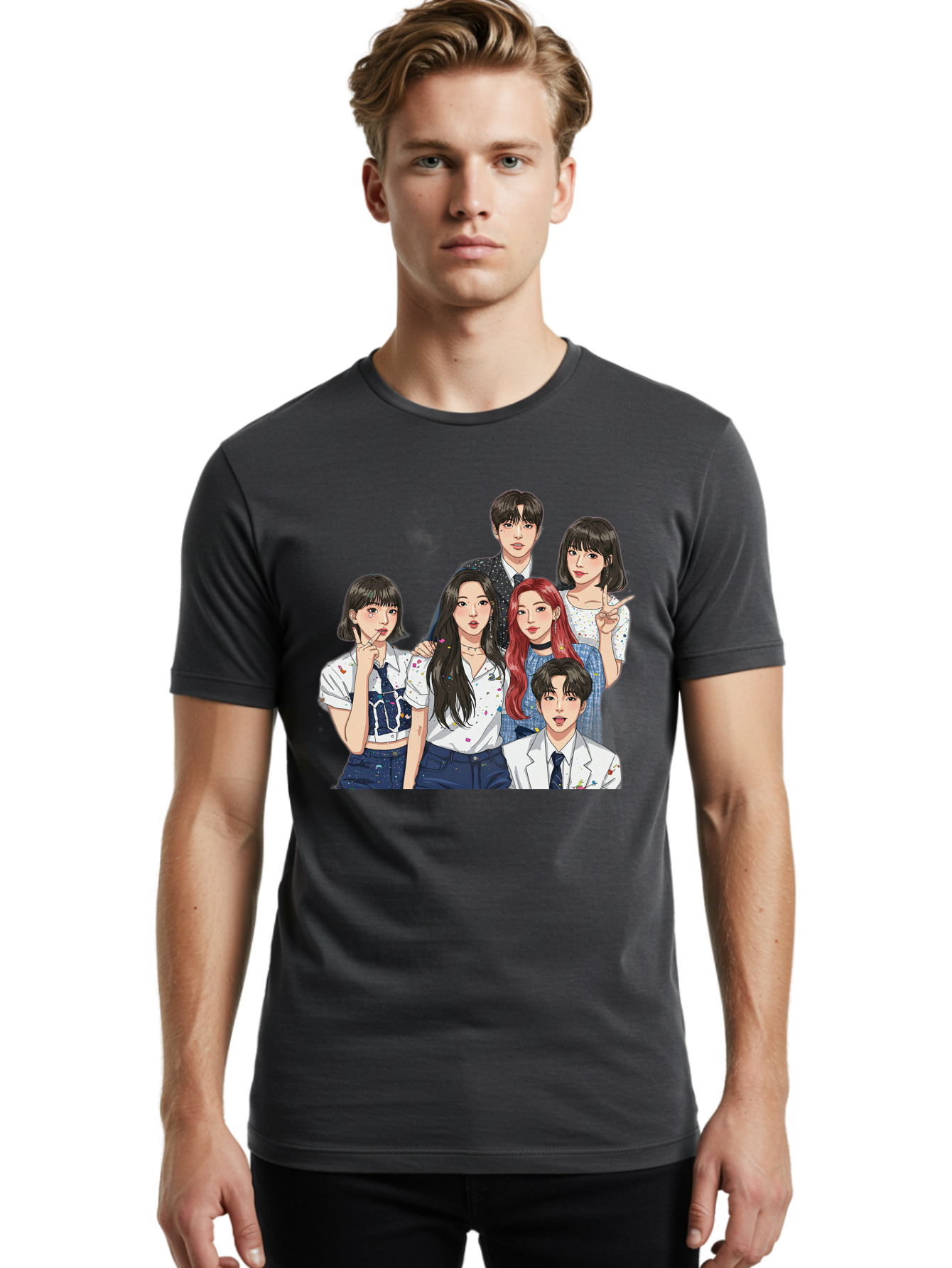 K-Pop-Group-4 Men'S Graphic Tee, 100% Cotton, Comfortable Casual Summer Wear, Machine Washable, K-Pop Group Illustration, Young Idols, Fashion Style, Casual Wear, Formal Wear, Colorful Hair, Pop Culture, Entertainment Industry, Group Portrait, Bac093