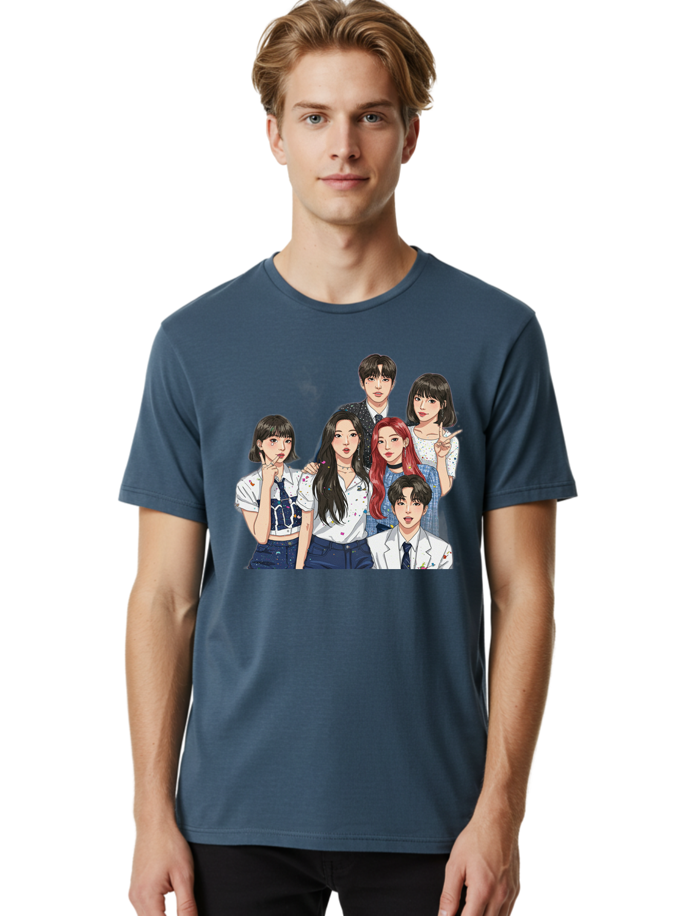 K-Pop-Group-4 Men'S Graphic Tee, 100% Cotton, Comfortable Casual Summer Wear, Machine Washable, K-Pop Group Illustration, Young Idols, Fashion Style, Casual Wear, Formal Wear, Colorful Hair, Pop Culture, Entertainment Industry, Group Portrait, Bac093