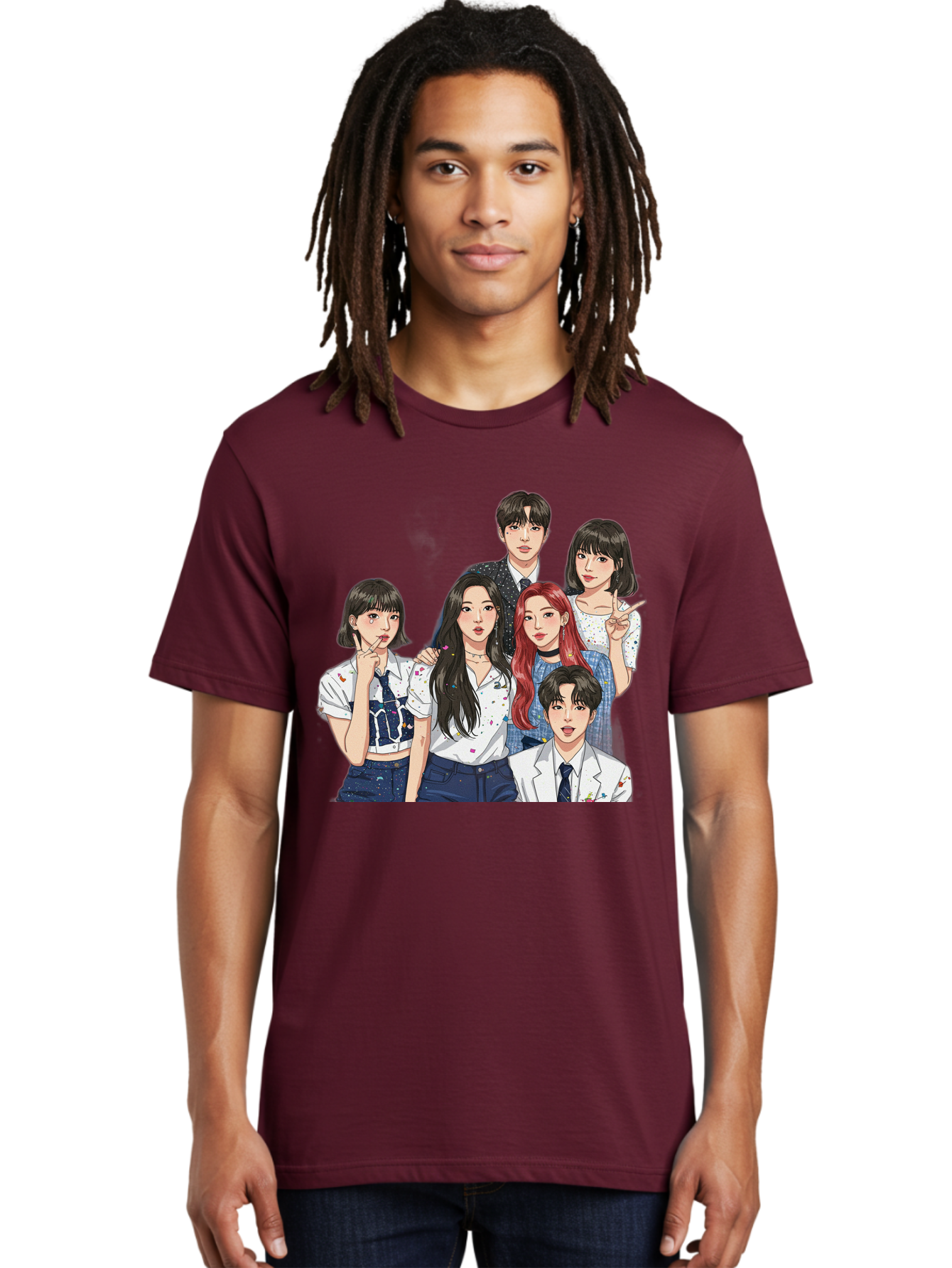 K-Pop-Group-4 Men'S Graphic Tee, 100% Cotton, Comfortable Casual Summer Wear, Machine Washable, K-Pop Group Illustration, Young Idols, Fashion Style, Casual Wear, Formal Wear, Colorful Hair, Pop Culture, Entertainment Industry, Group Portrait, Bac093