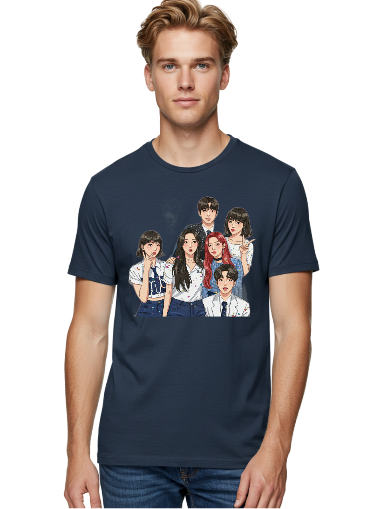 K-Pop-Group-4 Men'S Graphic Tee, 100% Cotton, Comfortable Casual Summer Wear, Machine Washable, K-Pop Group Illustration, Young Idols, Fashion Style, Casual Wear, Formal Wear, Colorful Hair, Pop Culture, Entertainment Industry, Group Portrait, Bac093