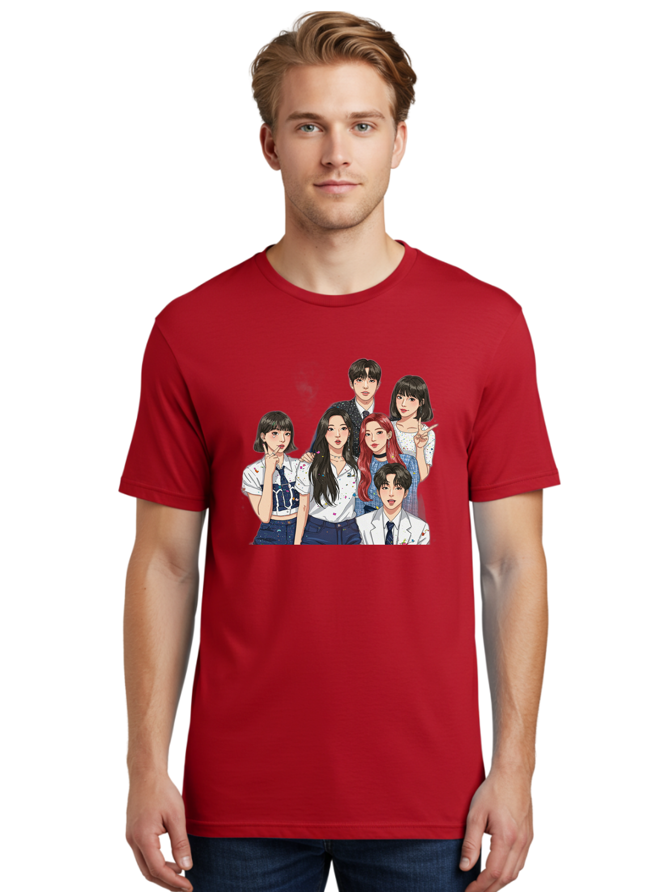 K-Pop-Group-4 Men'S Graphic Tee, 100% Cotton, Comfortable Casual Summer Wear, Machine Washable, K-Pop Group Illustration, Young Idols, Fashion Style, Casual Wear, Formal Wear, Colorful Hair, Pop Culture, Entertainment Industry, Group Portrait, Bac093