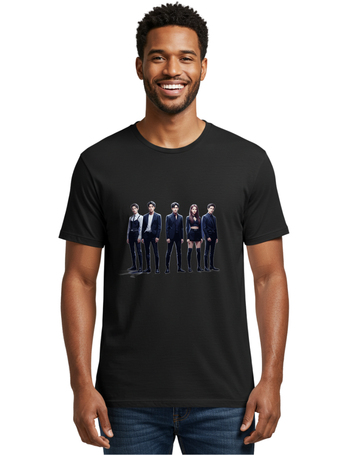 K-Pop-Group-5 Men'S Graphic Tee, 100% Cotton, Comfortable Casual Summer Wear, Machine Washable, K-Pop Group Promotional Image, Fashion Models Posing, Black Outfits, Edgy Style, Modern Fashion Trends, Stylish Attire, Minimalist Chic Bac094