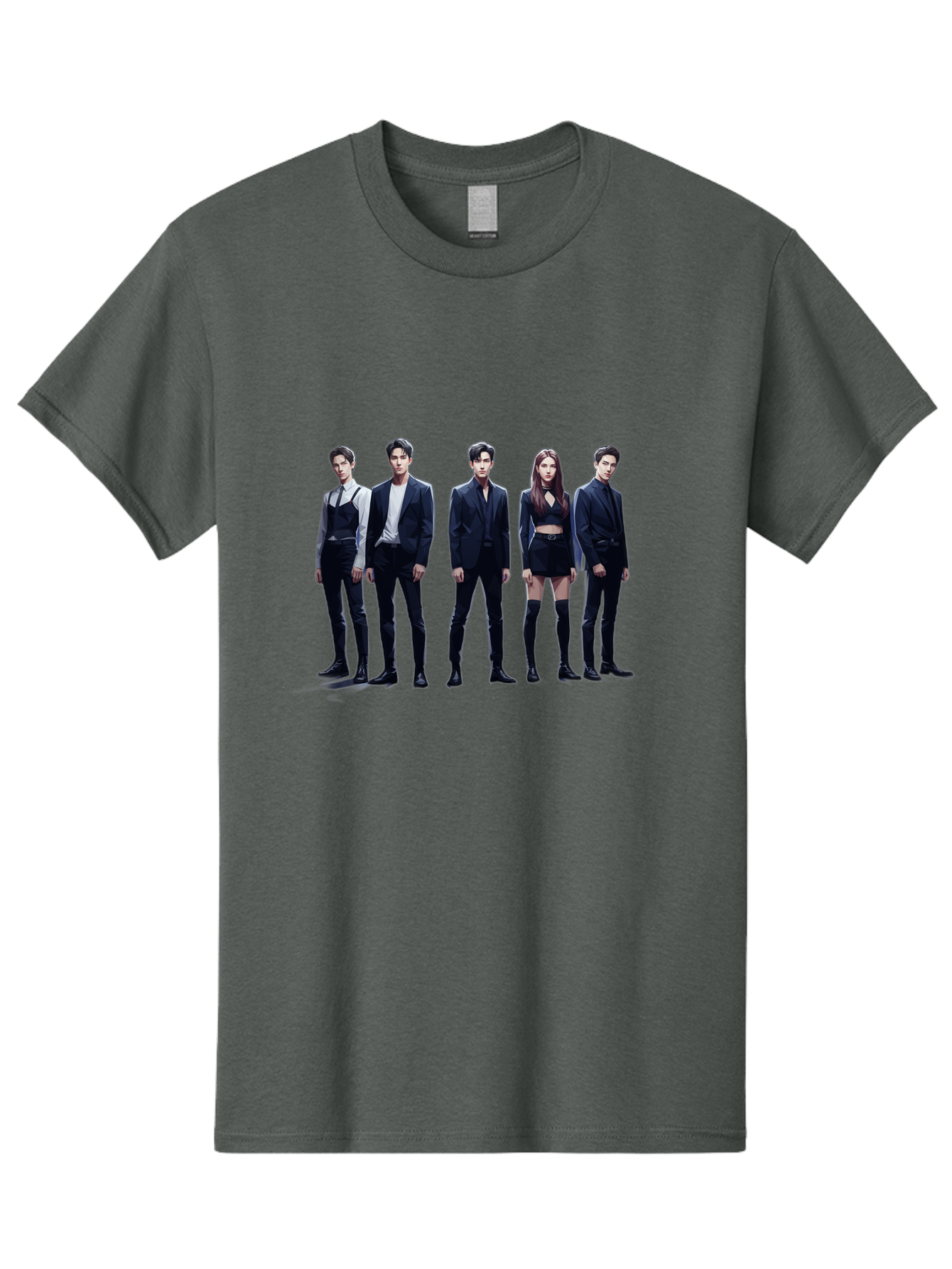 K-Pop-Group-5 Men'S Graphic Tee, 100% Cotton, Comfortable Casual Summer Wear, Machine Washable, K-Pop Group Promotional Image, Fashion Models Posing, Black Outfits, Edgy Style, Modern Fashion Trends, Stylish Attire, Minimalist Chic Bac094