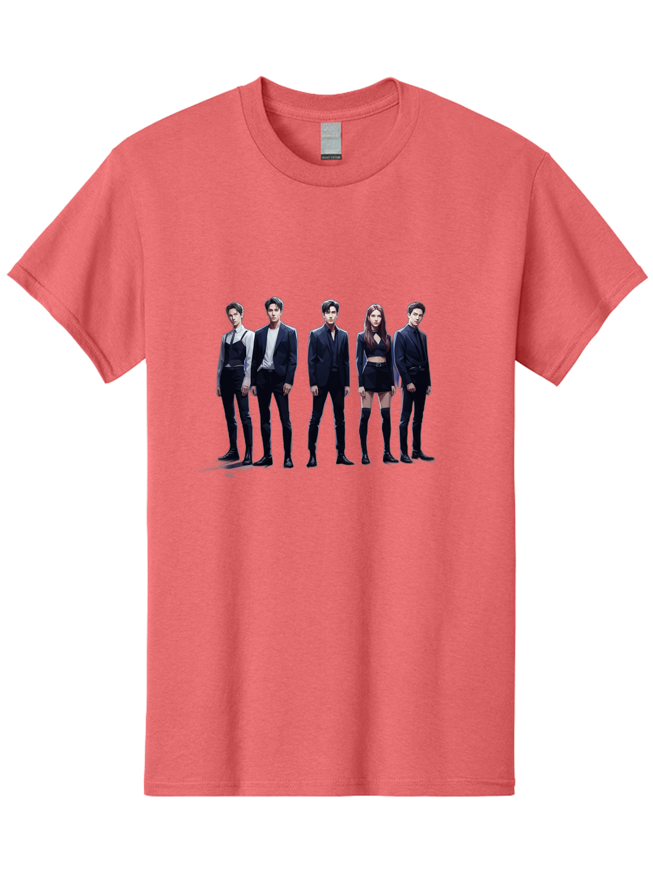 K-Pop-Group-5 Men'S Graphic Tee, 100% Cotton, Comfortable Casual Summer Wear, Machine Washable, K-Pop Group Promotional Image, Fashion Models Posing, Black Outfits, Edgy Style, Modern Fashion Trends, Stylish Attire, Minimalist Chic Bac094