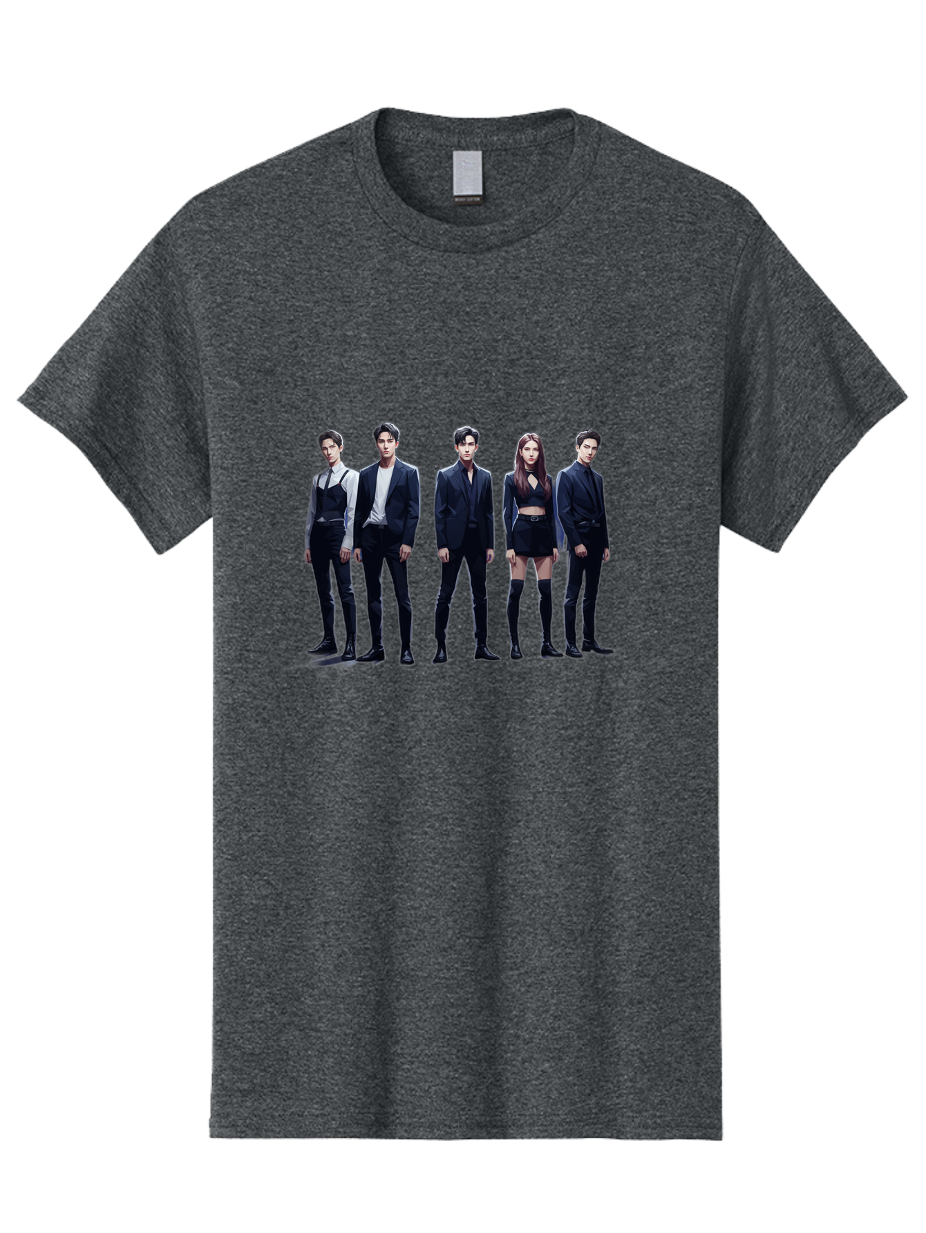 K-Pop-Group-5 Men'S Graphic Tee, 100% Cotton, Comfortable Casual Summer Wear, Machine Washable, K-Pop Group Promotional Image, Fashion Models Posing, Black Outfits, Edgy Style, Modern Fashion Trends, Stylish Attire, Minimalist Chic Bac094