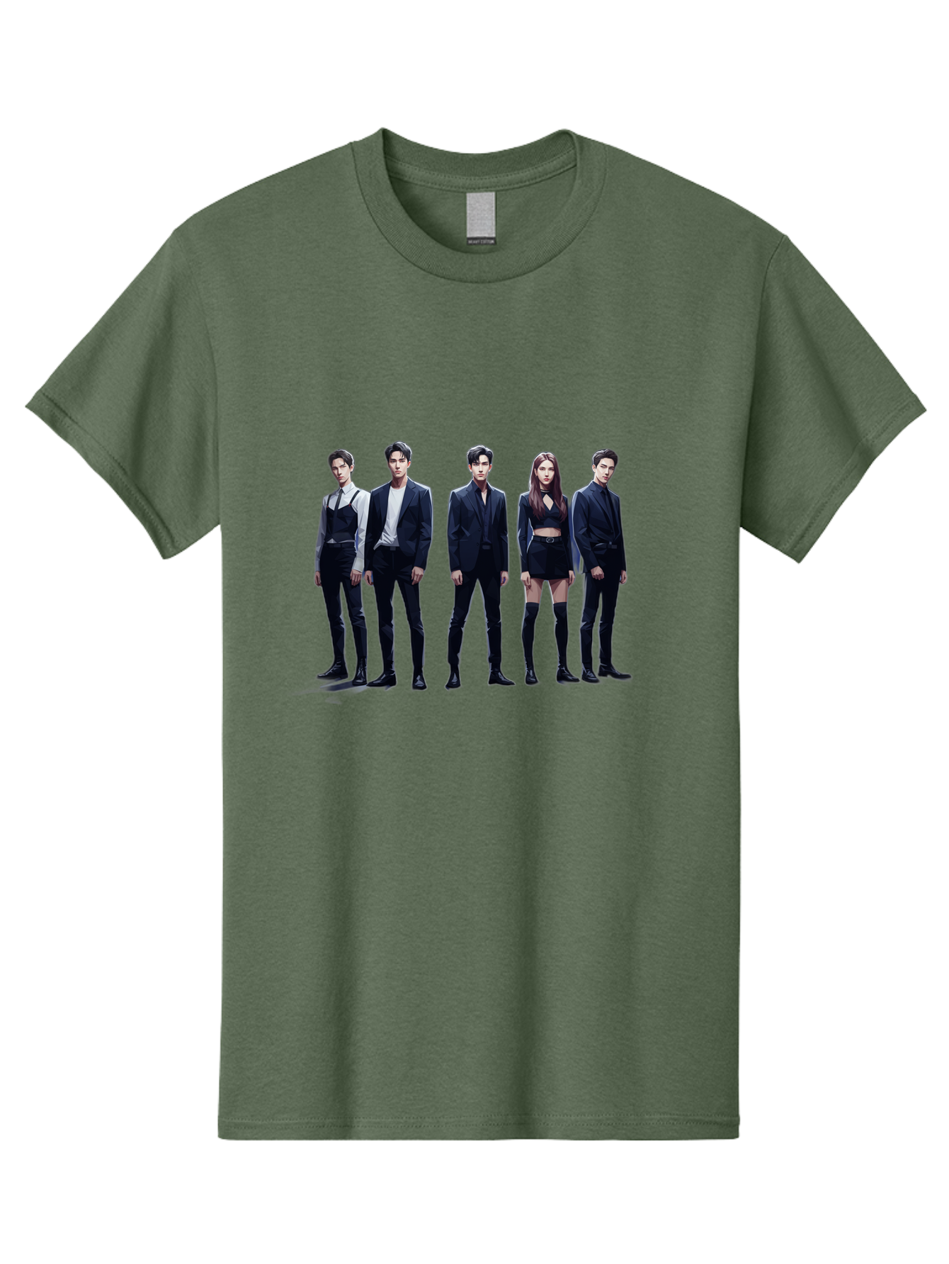 K-Pop-Group-5 Men'S Graphic Tee, 100% Cotton, Comfortable Casual Summer Wear, Machine Washable, K-Pop Group Promotional Image, Fashion Models Posing, Black Outfits, Edgy Style, Modern Fashion Trends, Stylish Attire, Minimalist Chic Bac094