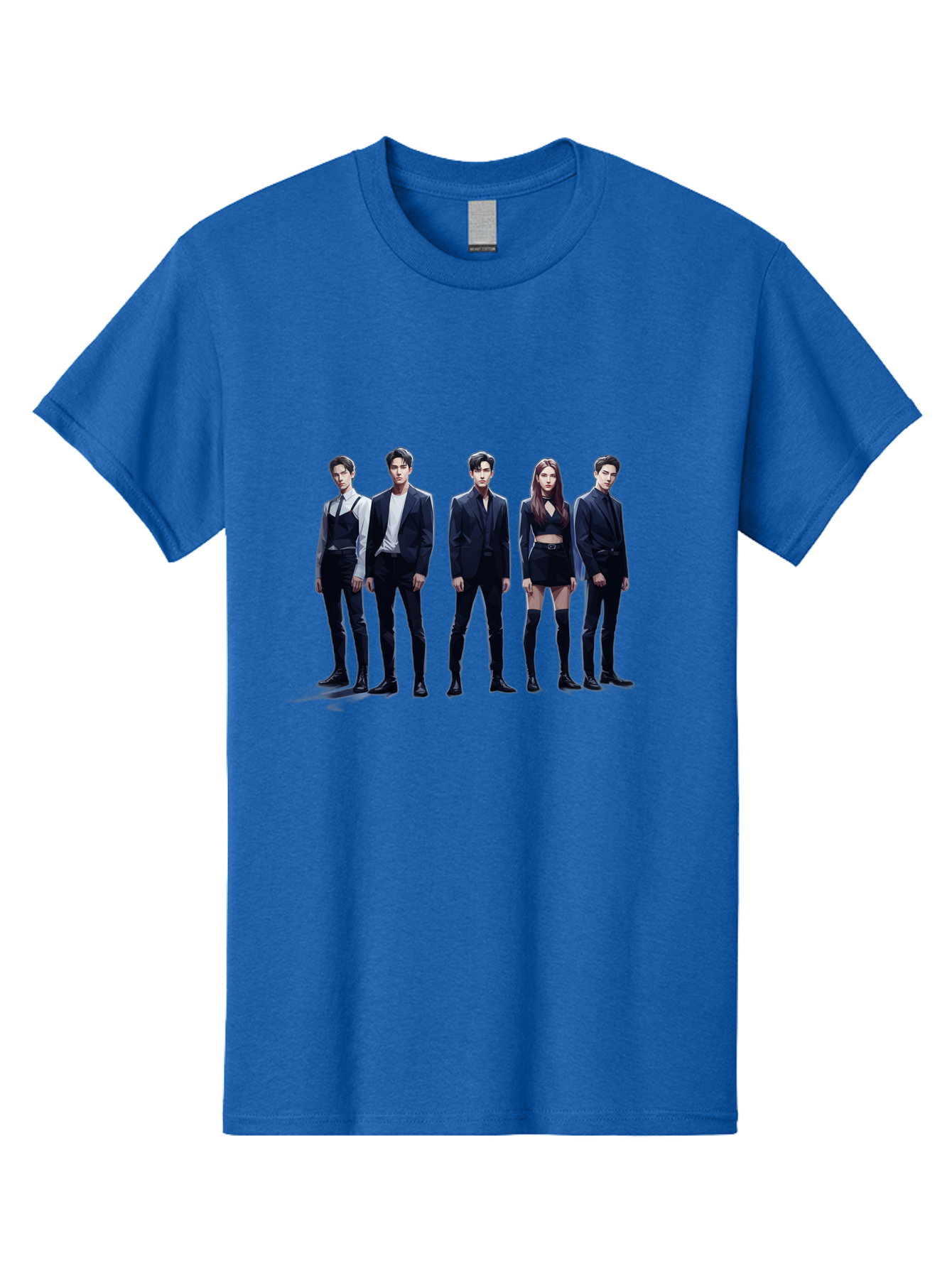 K-Pop-Group-5 Men'S Graphic Tee, 100% Cotton, Comfortable Casual Summer Wear, Machine Washable, K-Pop Group Promotional Image, Fashion Models Posing, Black Outfits, Edgy Style, Modern Fashion Trends, Stylish Attire, Minimalist Chic Bac094