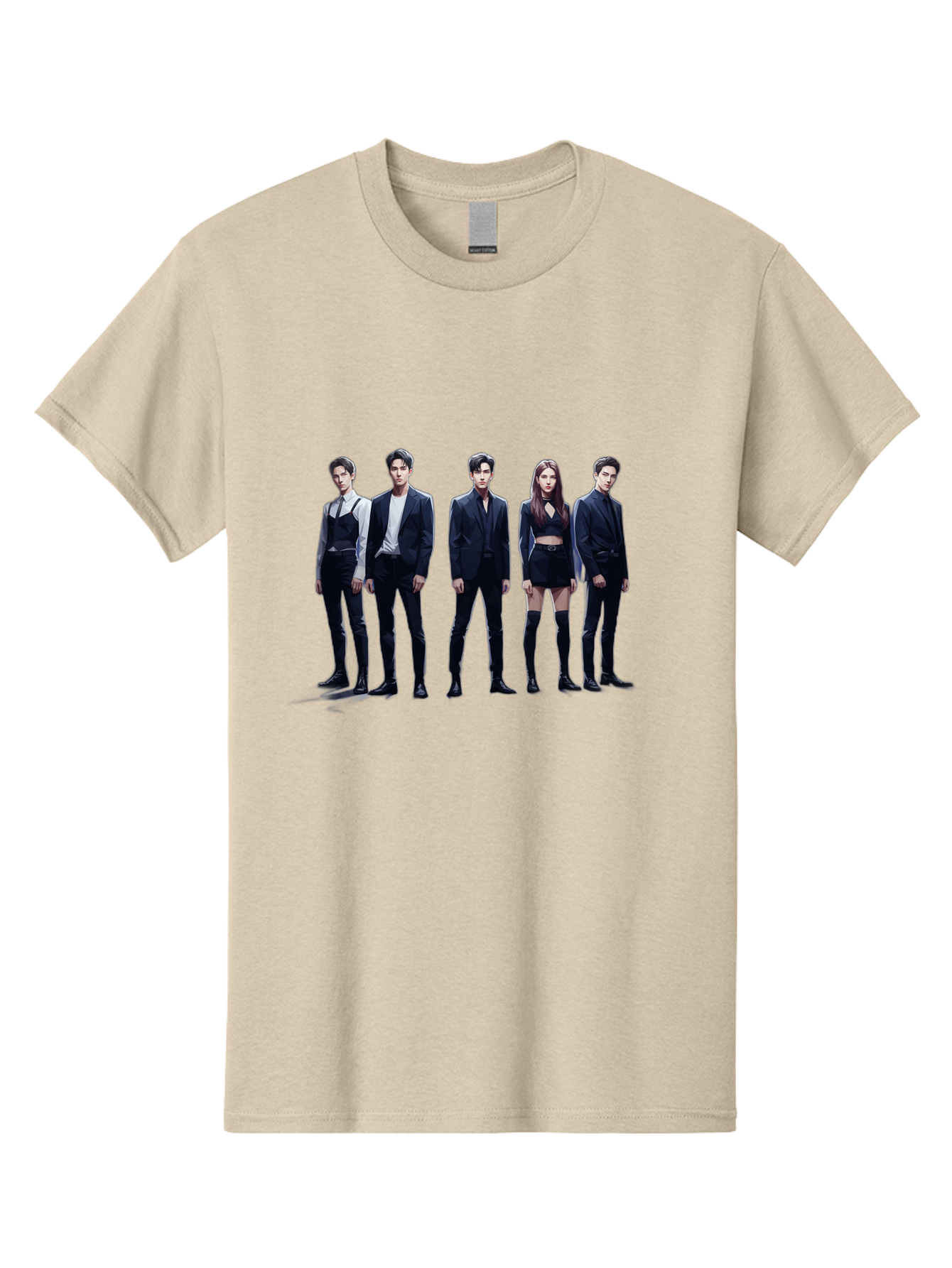 K-Pop-Group-5 Men'S Graphic Tee, 100% Cotton, Comfortable Casual Summer Wear, Machine Washable, K-Pop Group Promotional Image, Fashion Models Posing, Black Outfits, Edgy Style, Modern Fashion Trends, Stylish Attire, Minimalist Chic Bac094